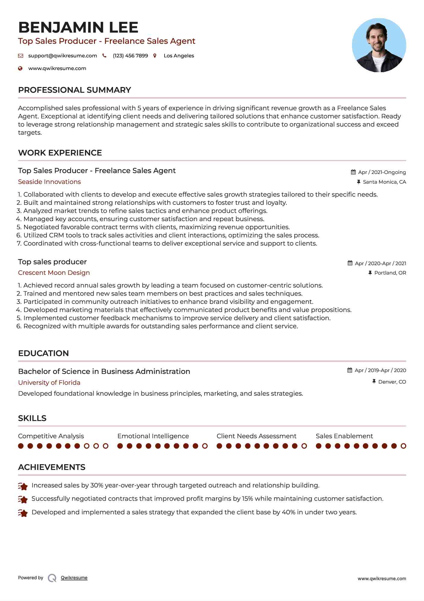 Top Sales Producer - Freelance Sales Agent Resume Sample