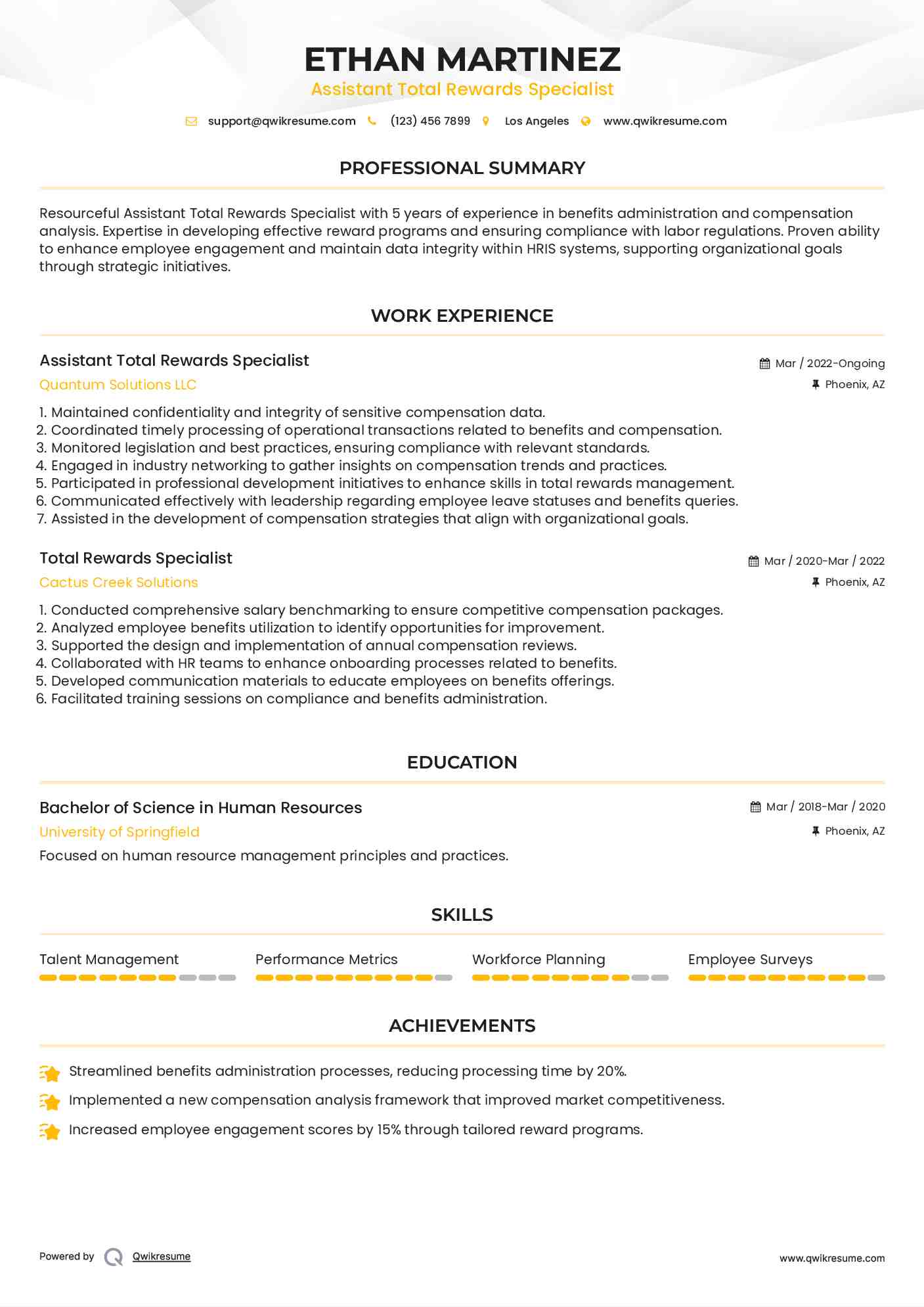 Assistant Total Rewards Specialist Resume Model