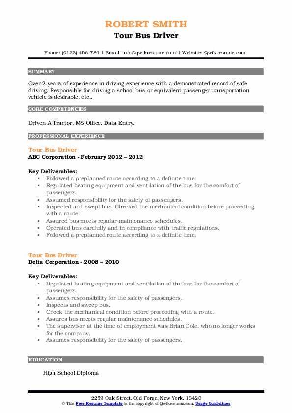 Tour Bus Driver Resume Samples QwikResume
