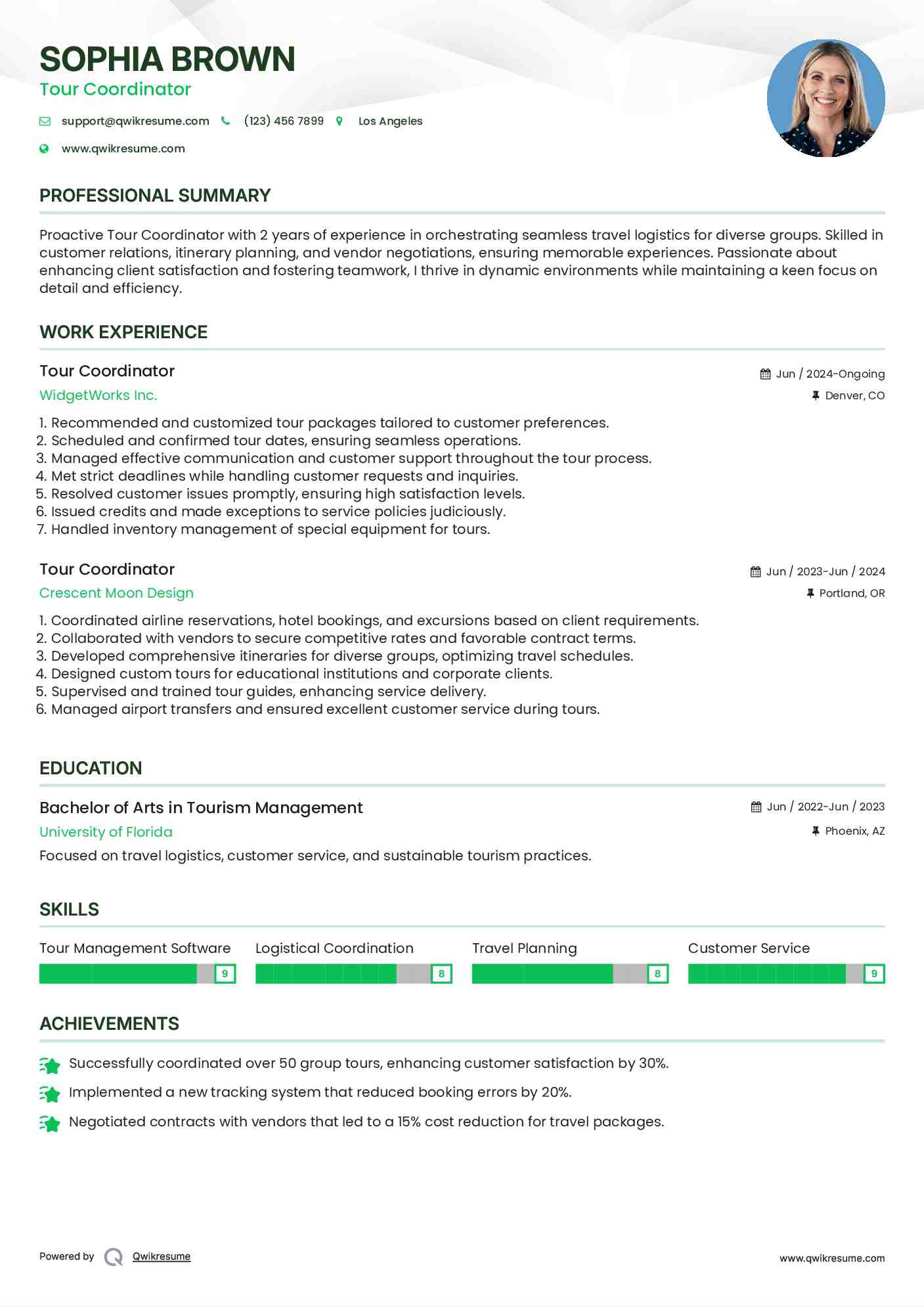 Tour Coordinator Resume Sample