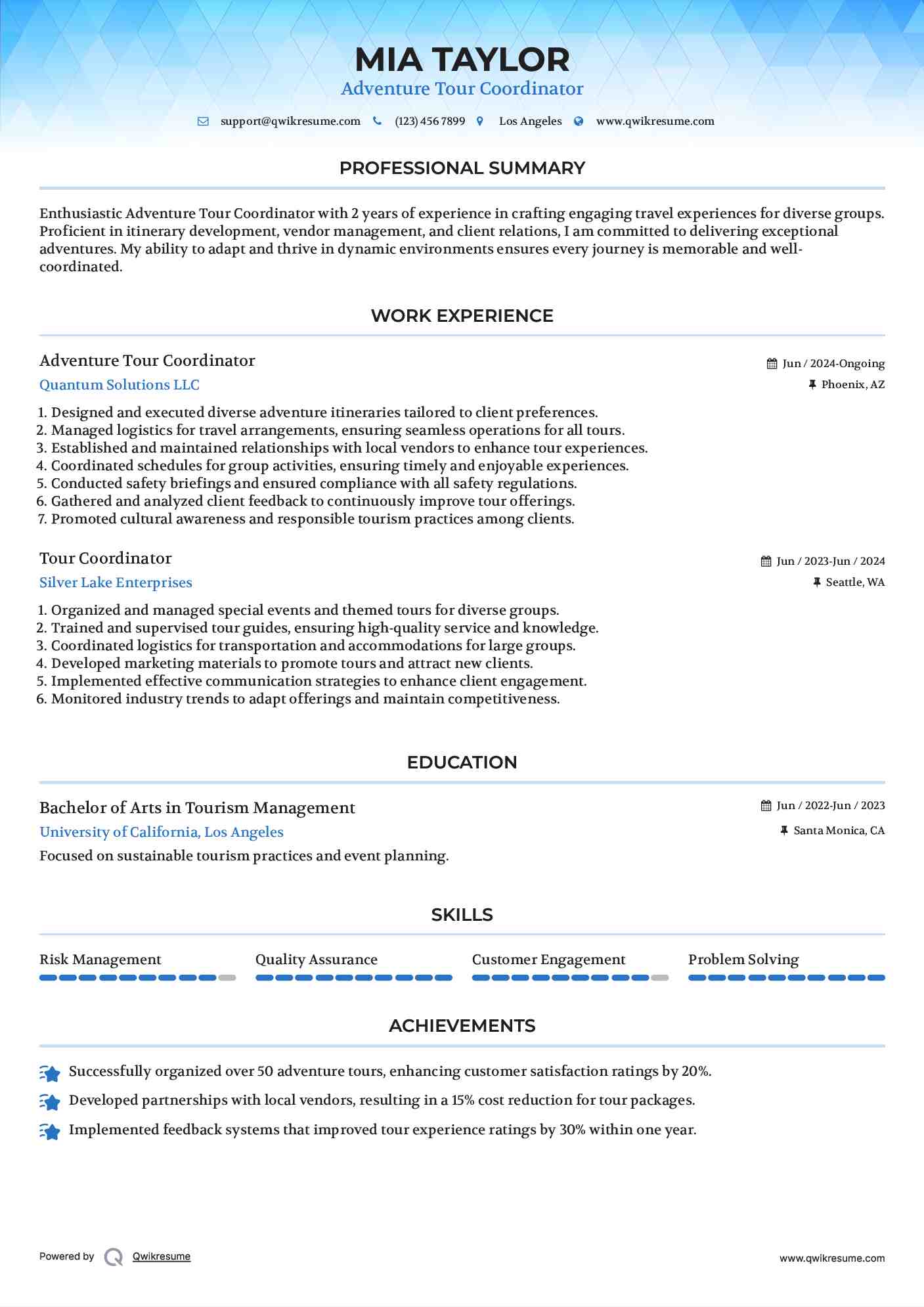 Adventure Tour Coordinator Resume Format