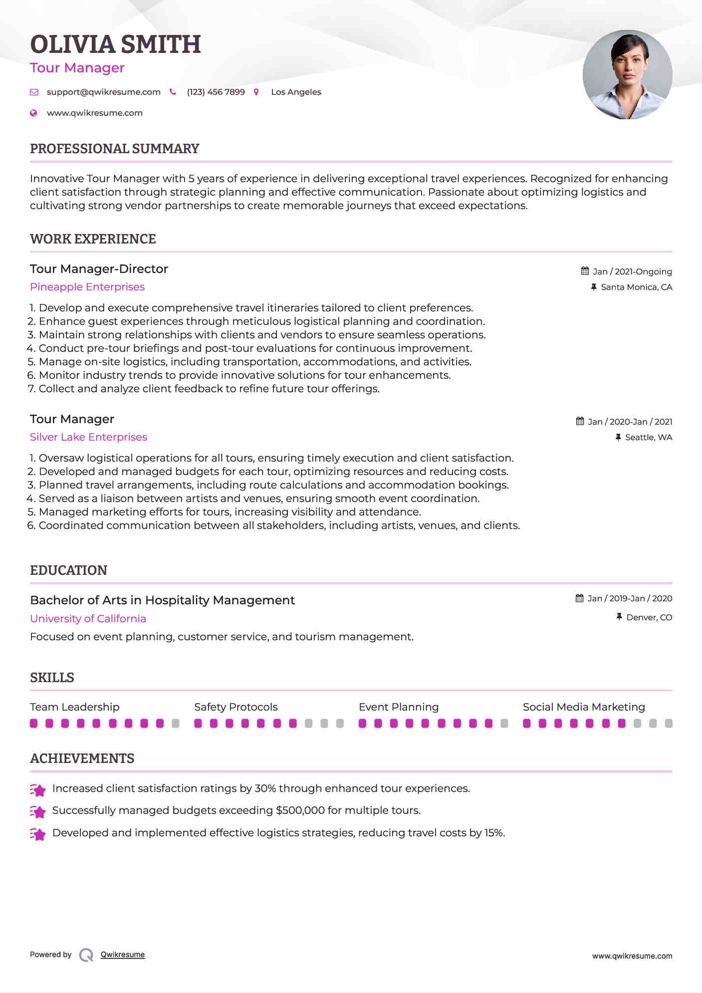 Tour Manager Resume Samples QwikResume