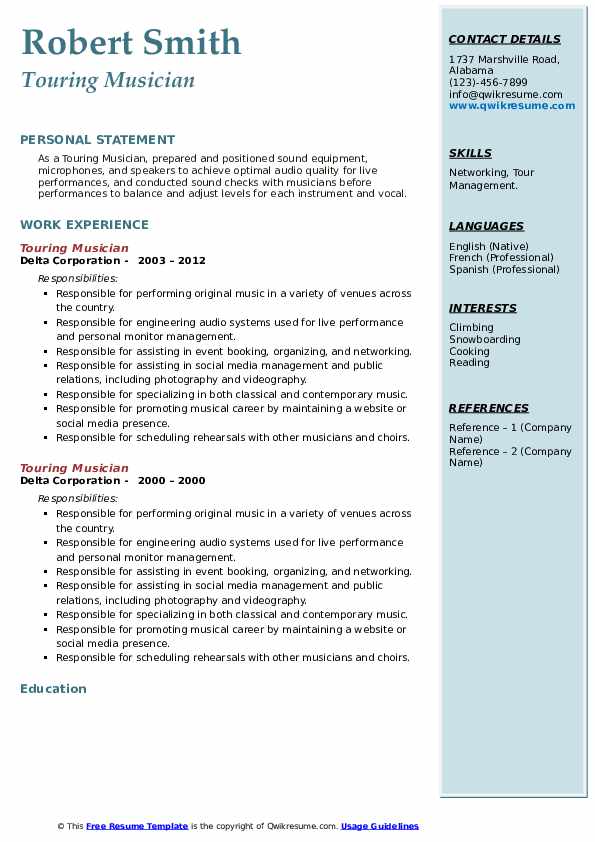 Touring Musician Resume Samples - Touring Musician 1705152730 Pdf