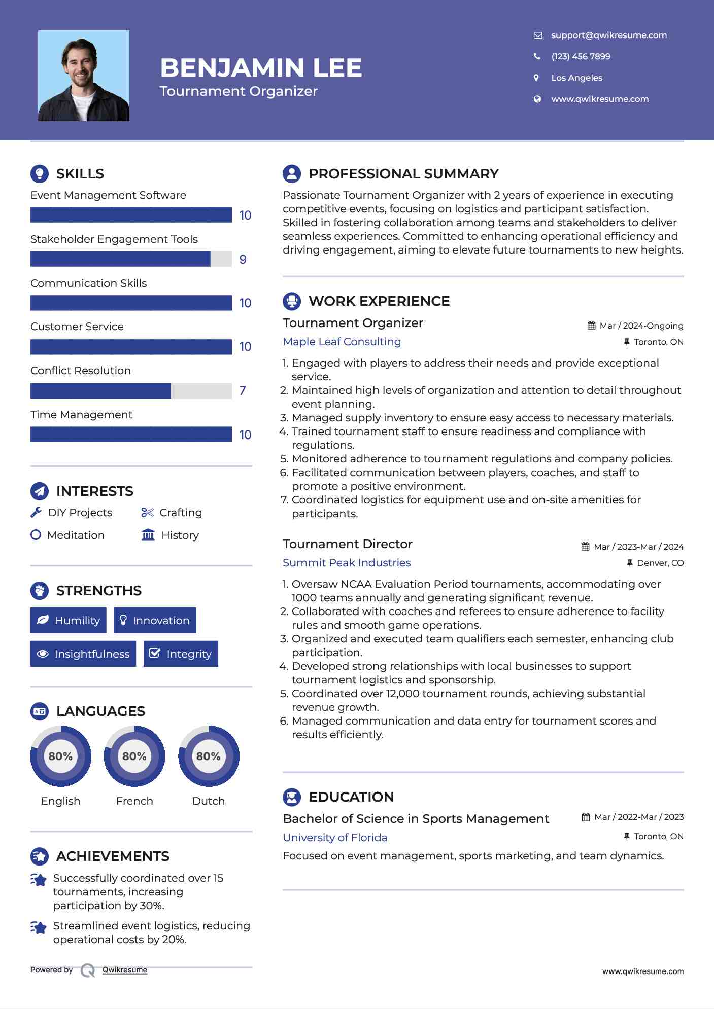Tournament Organizer Resume Format