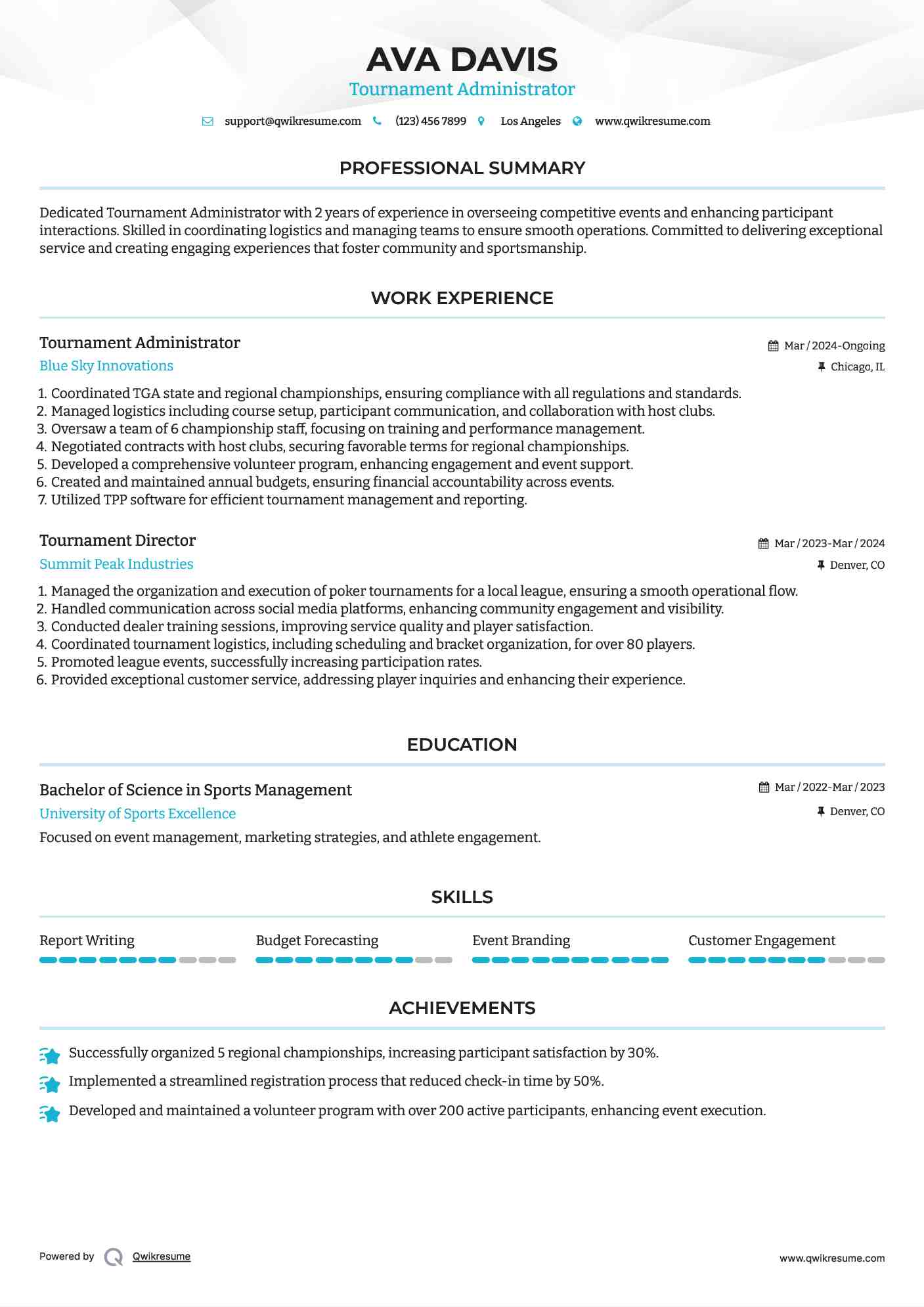 Tournament Administrator Resume Sample