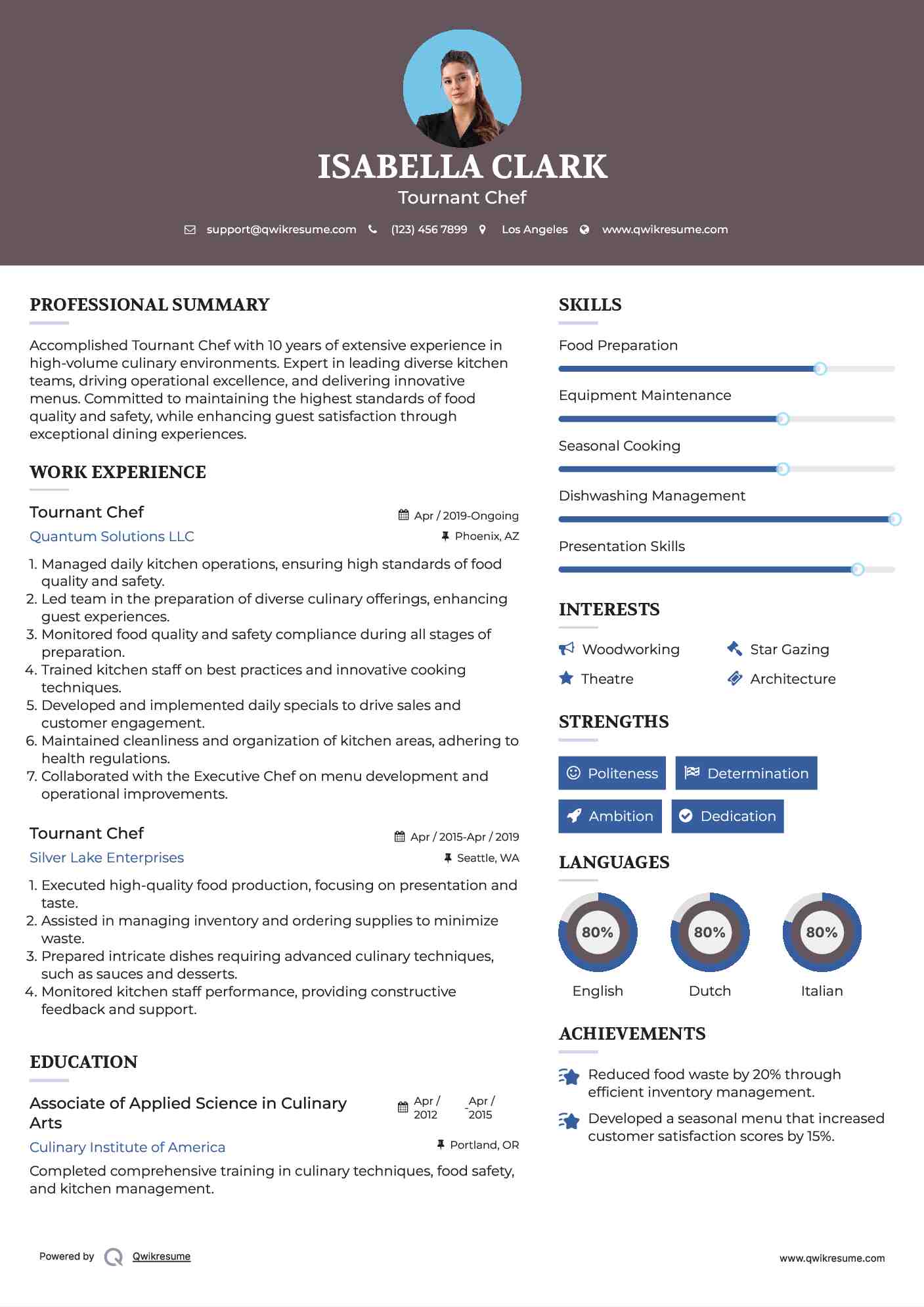 Tournant Chef Resume Format