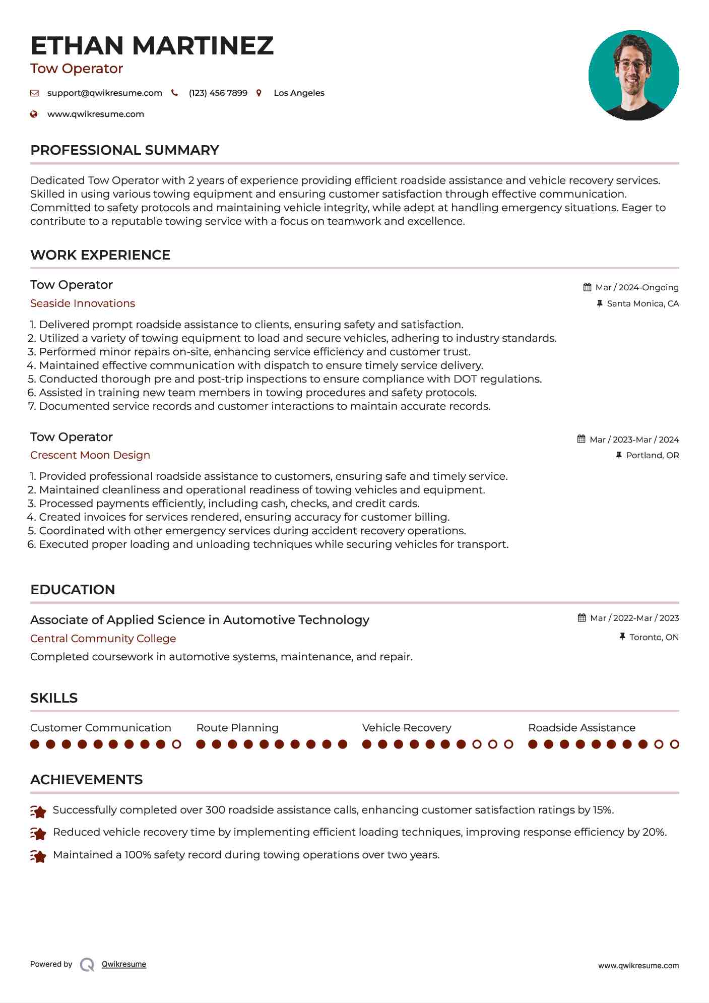 Tow Operator Resume Model