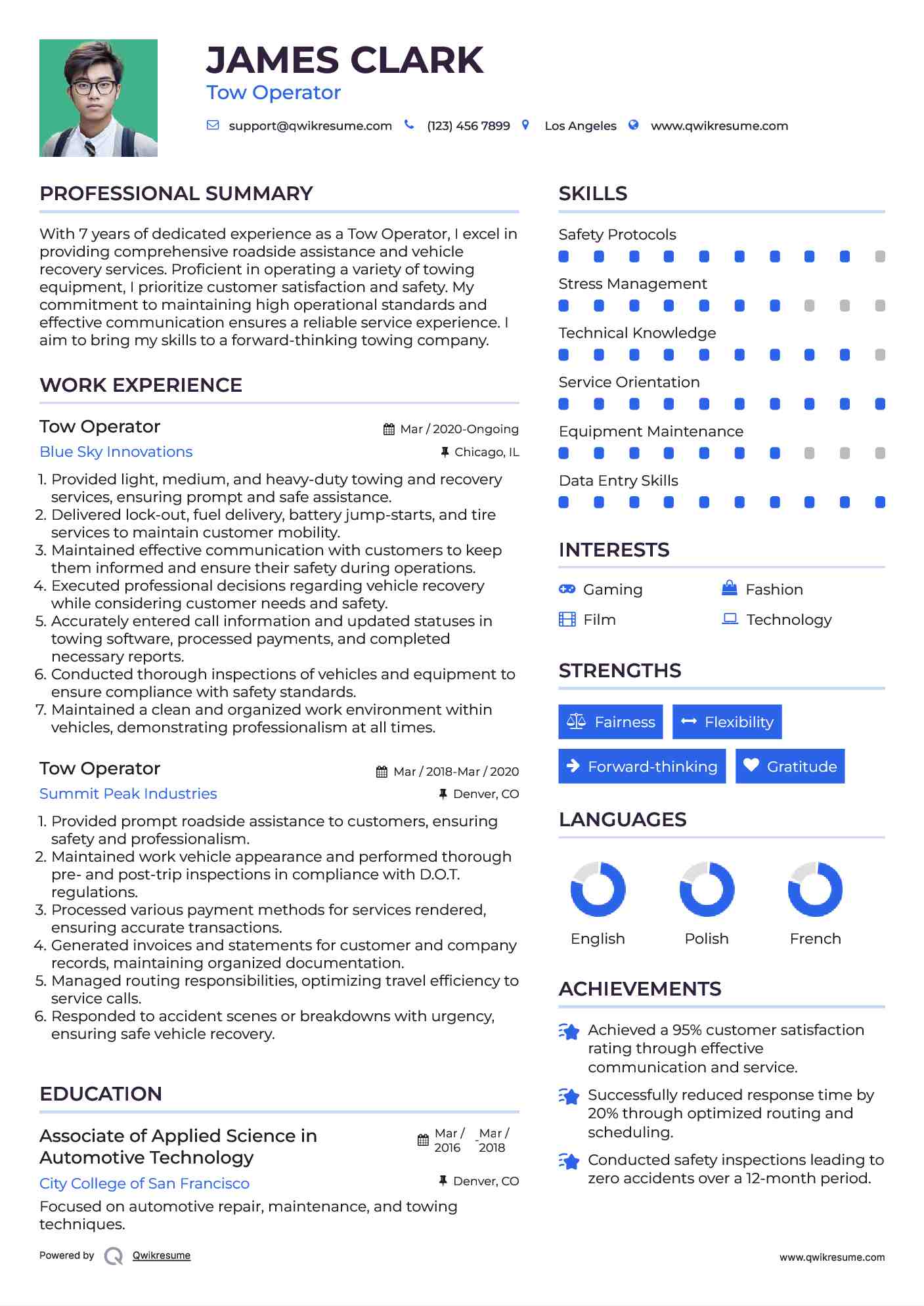 Tow Operator Resume Model