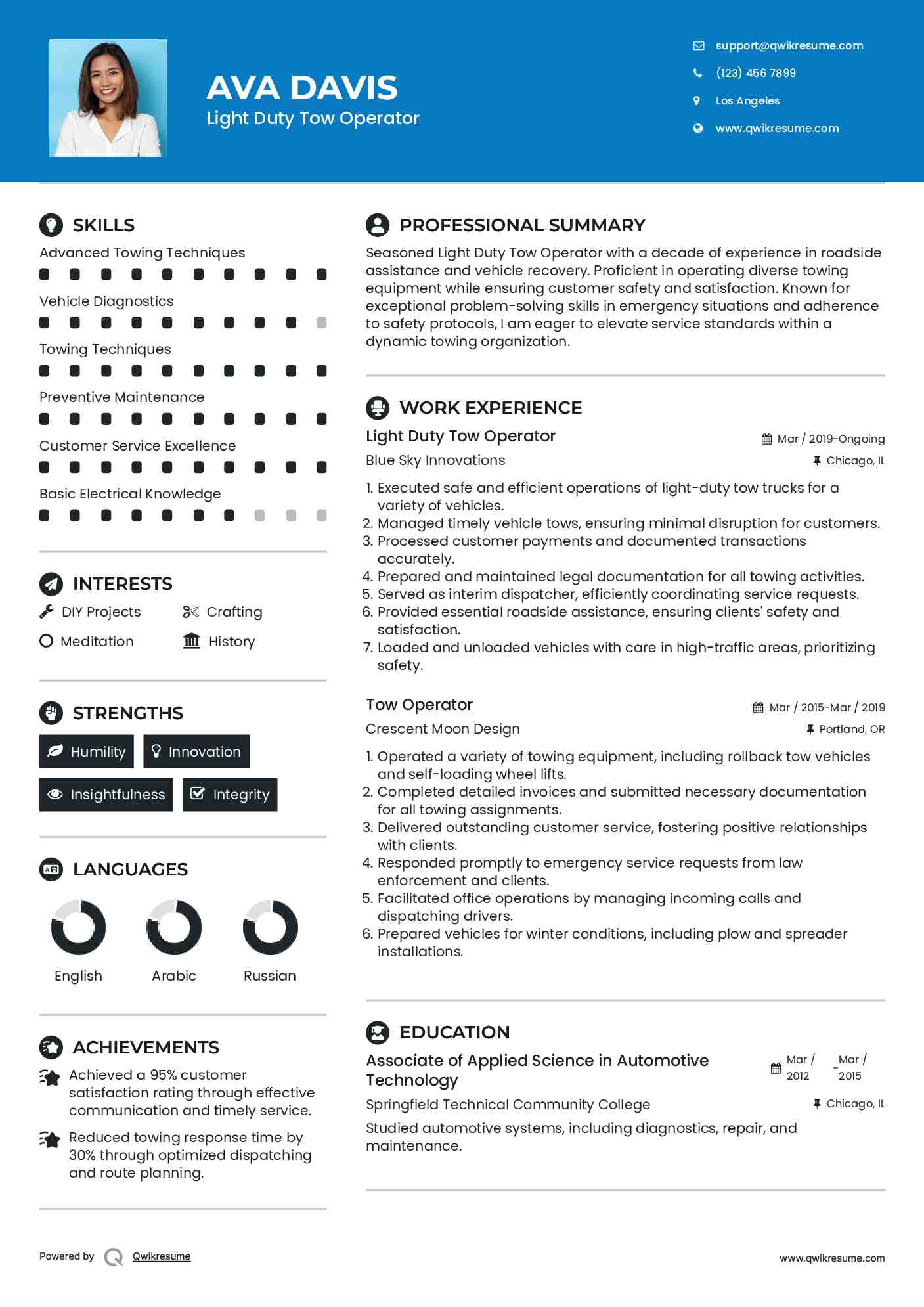 Light Duty Tow Operator Resume Model
