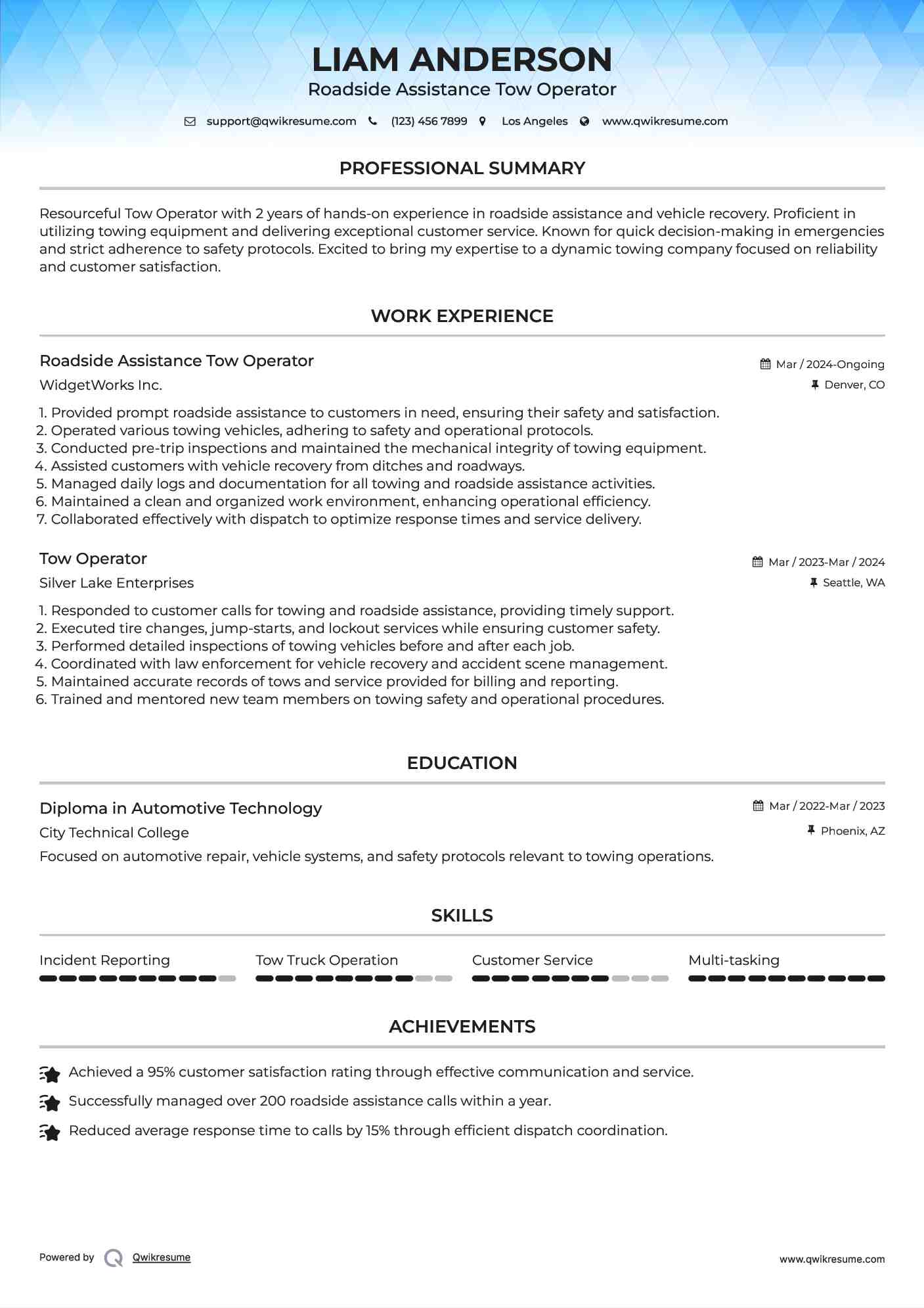 Roadside Assistance Tow Operator Resume Sample