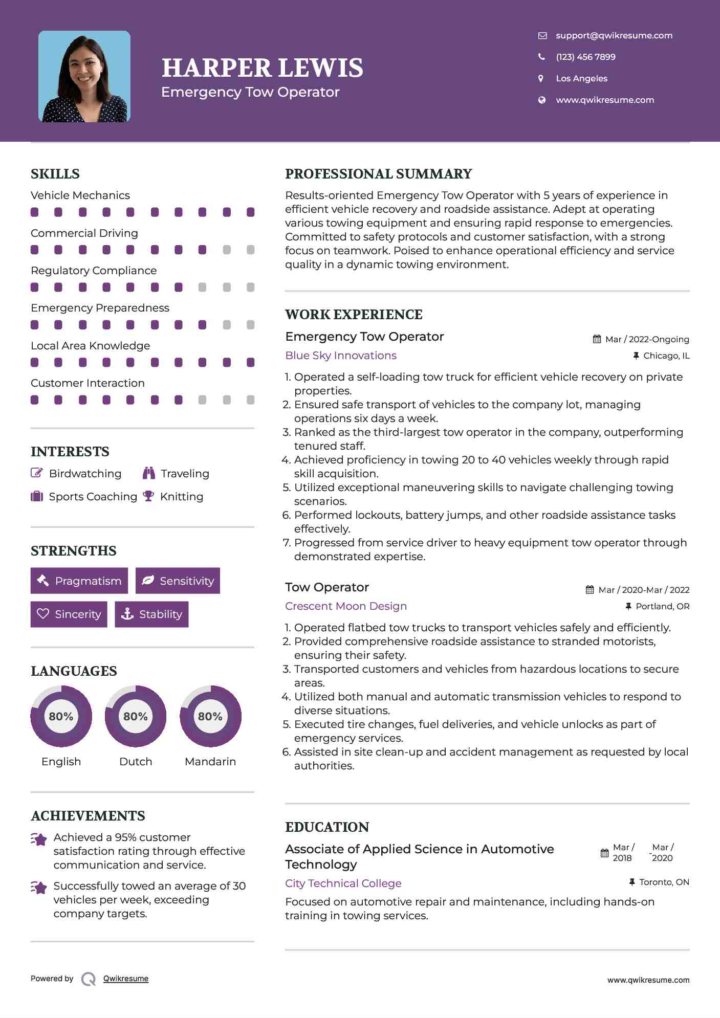 Emergency Tow Operator Resume Sample