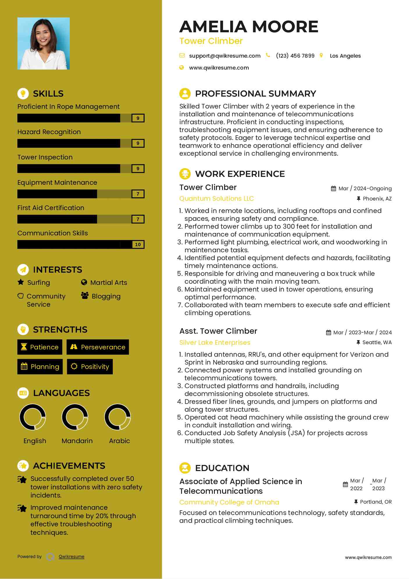 Tower Climber Resume Sample