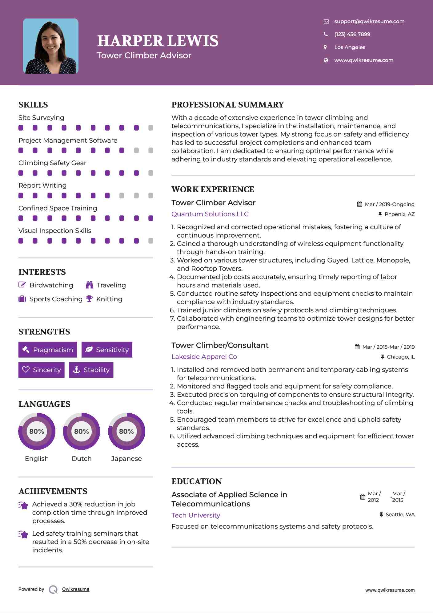 Tower Climber Advisor Resume Example