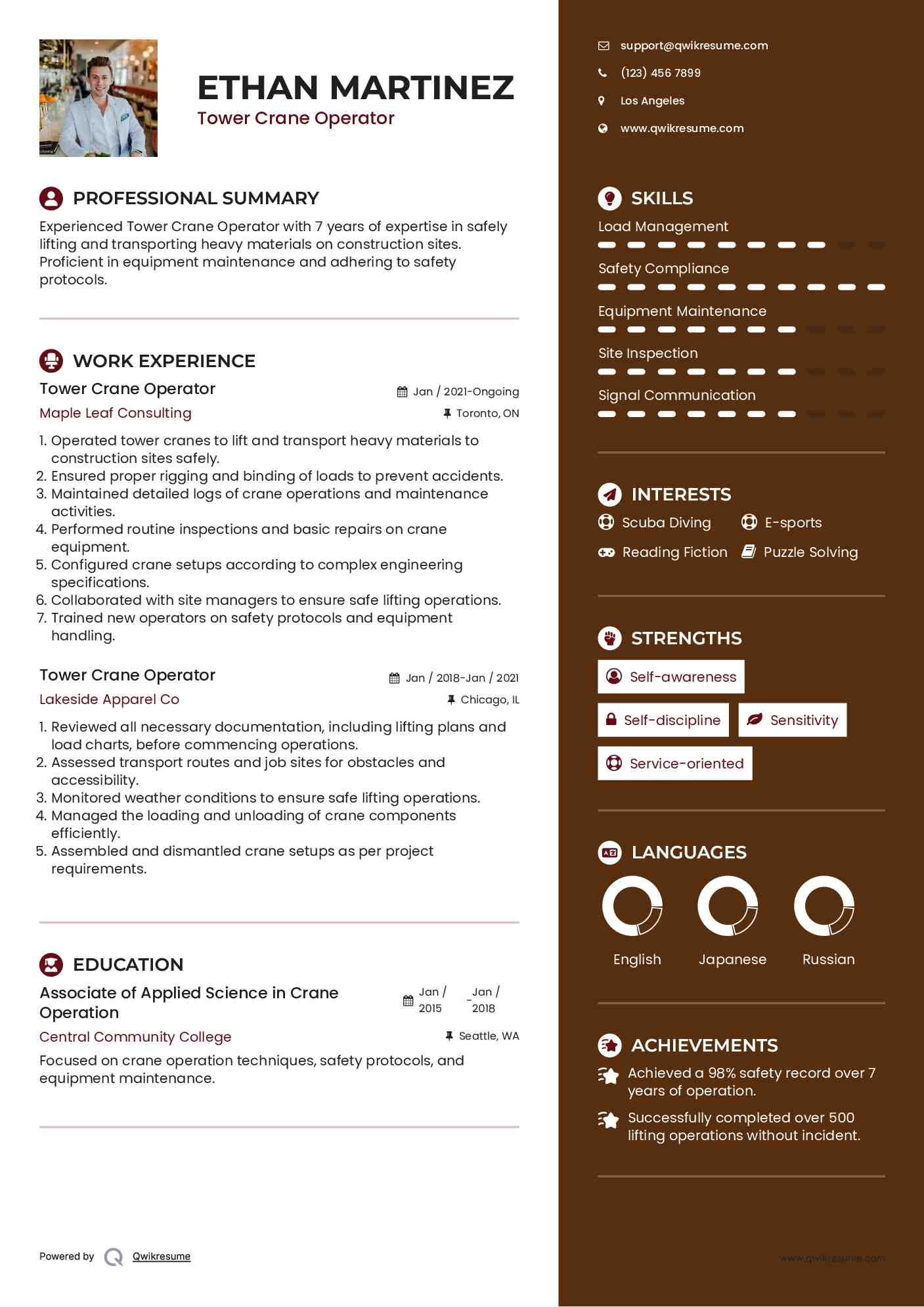 Tower Crane Operator Resume Samples QwikResume