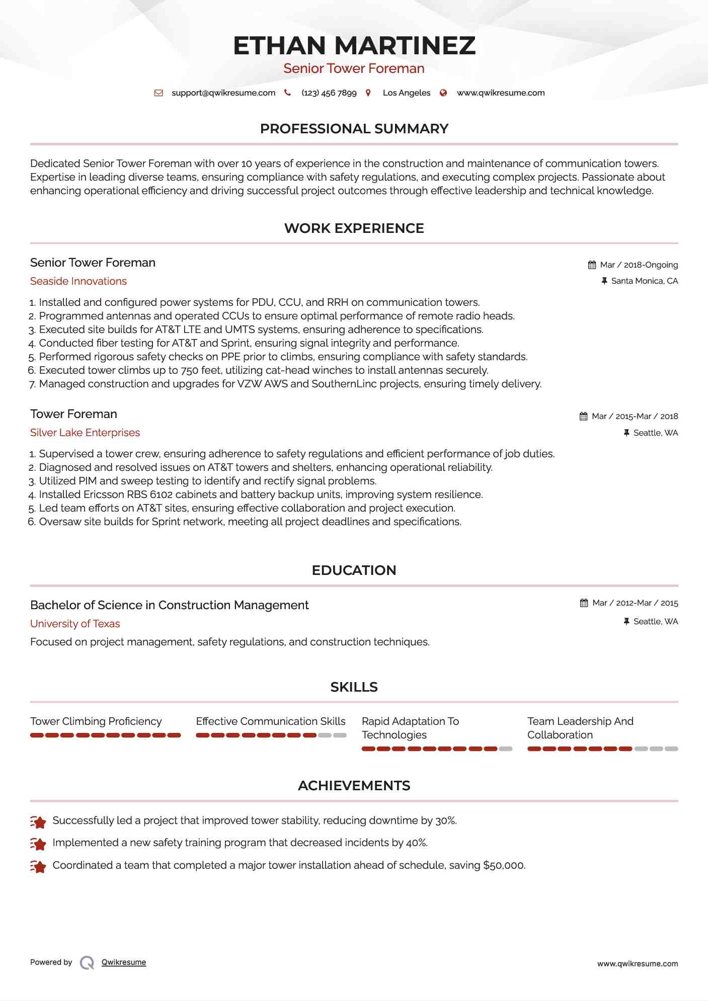 Senior Tower Foreman Resume Sample