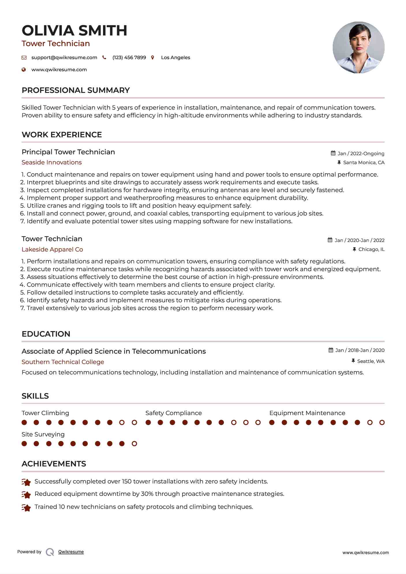 Principal Tower Technician Resume Sample