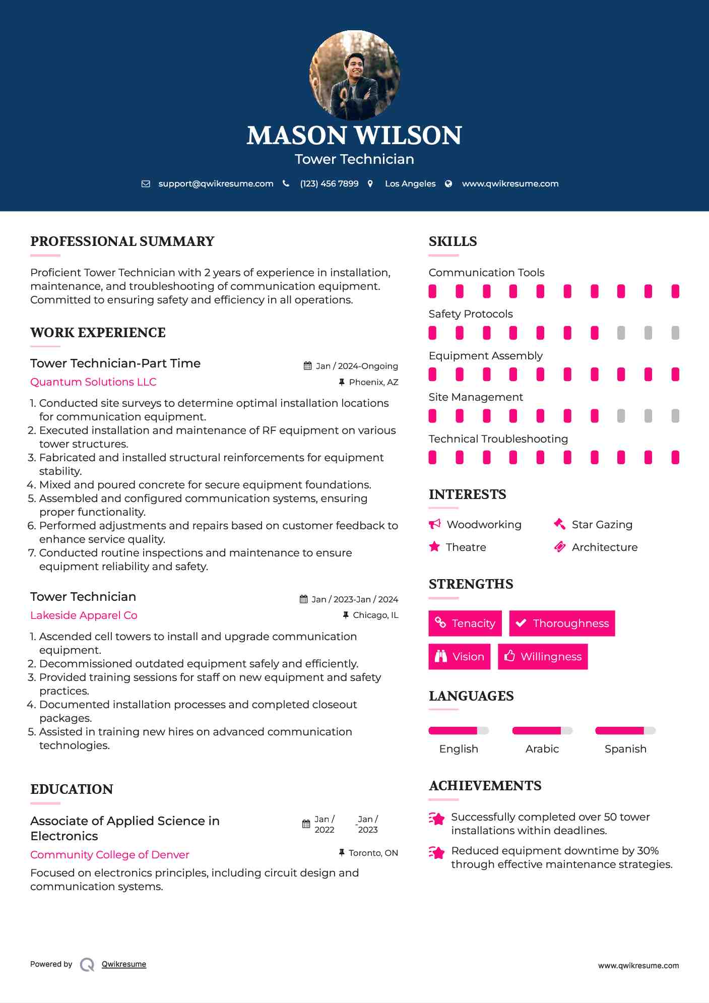Tower Technician-Part Time Resume Example