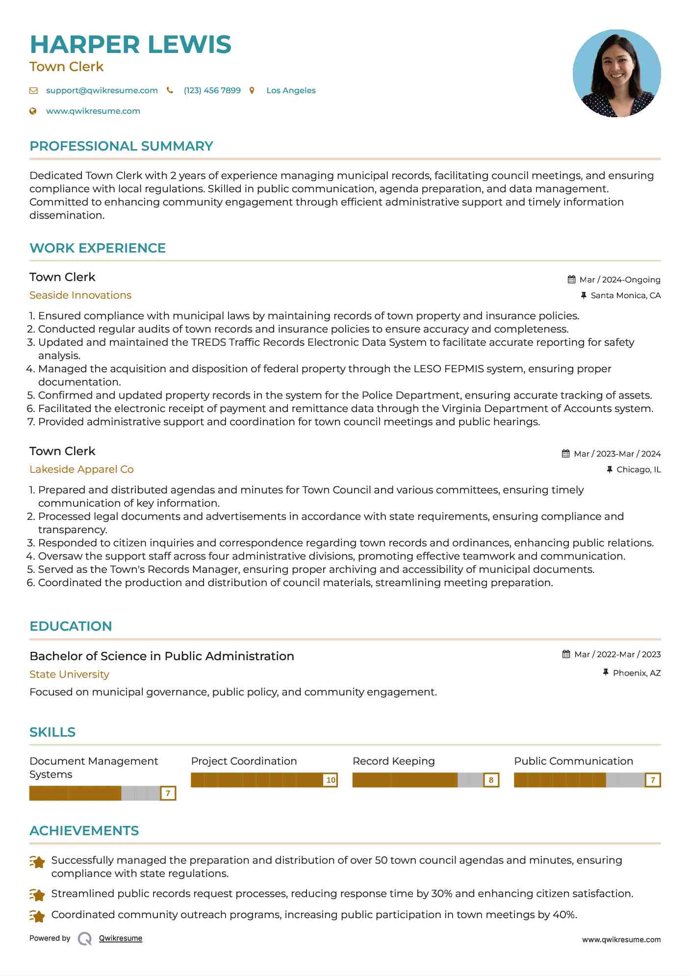 Town Clerk Resume Format