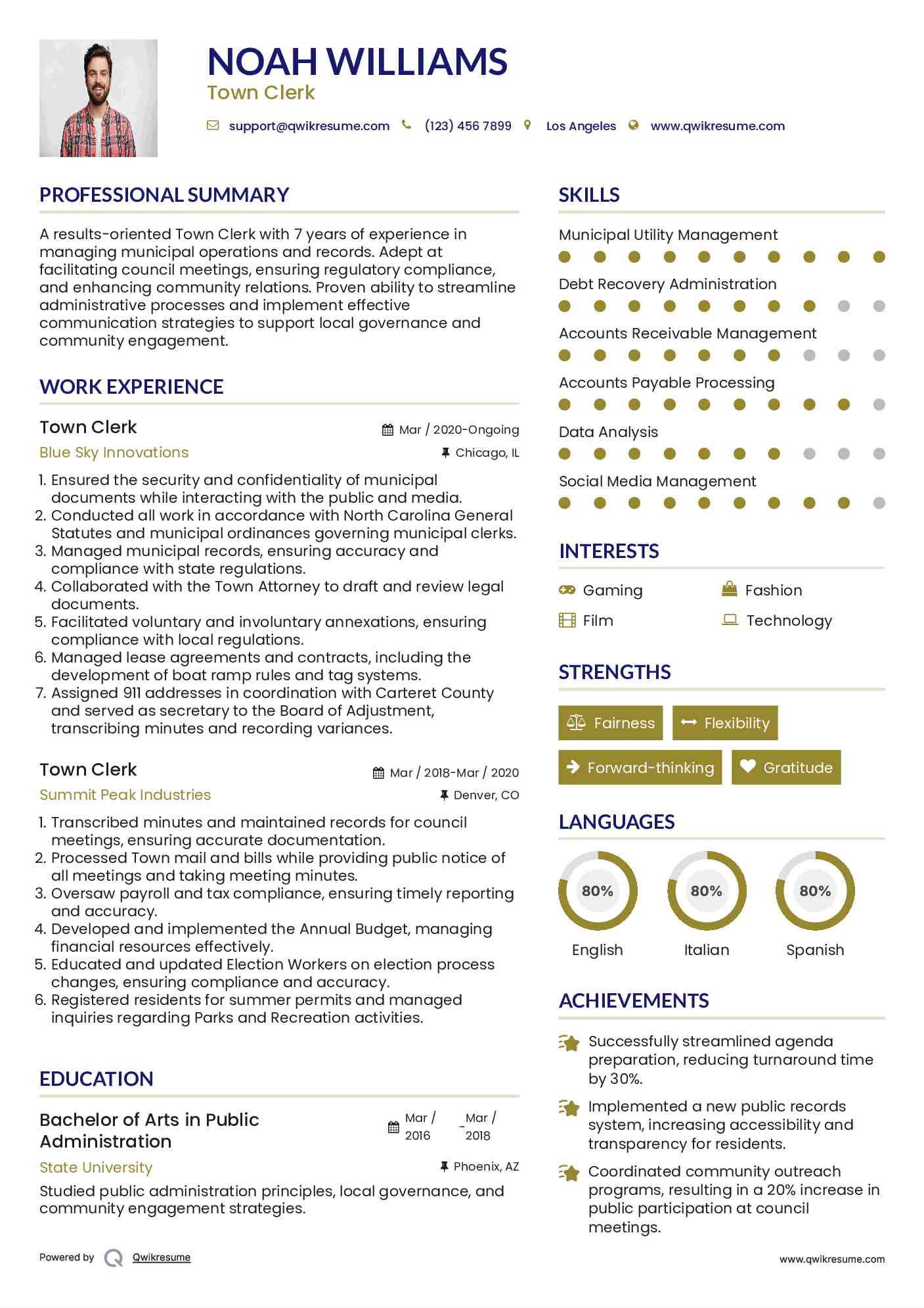 Town Clerk Resume Sample