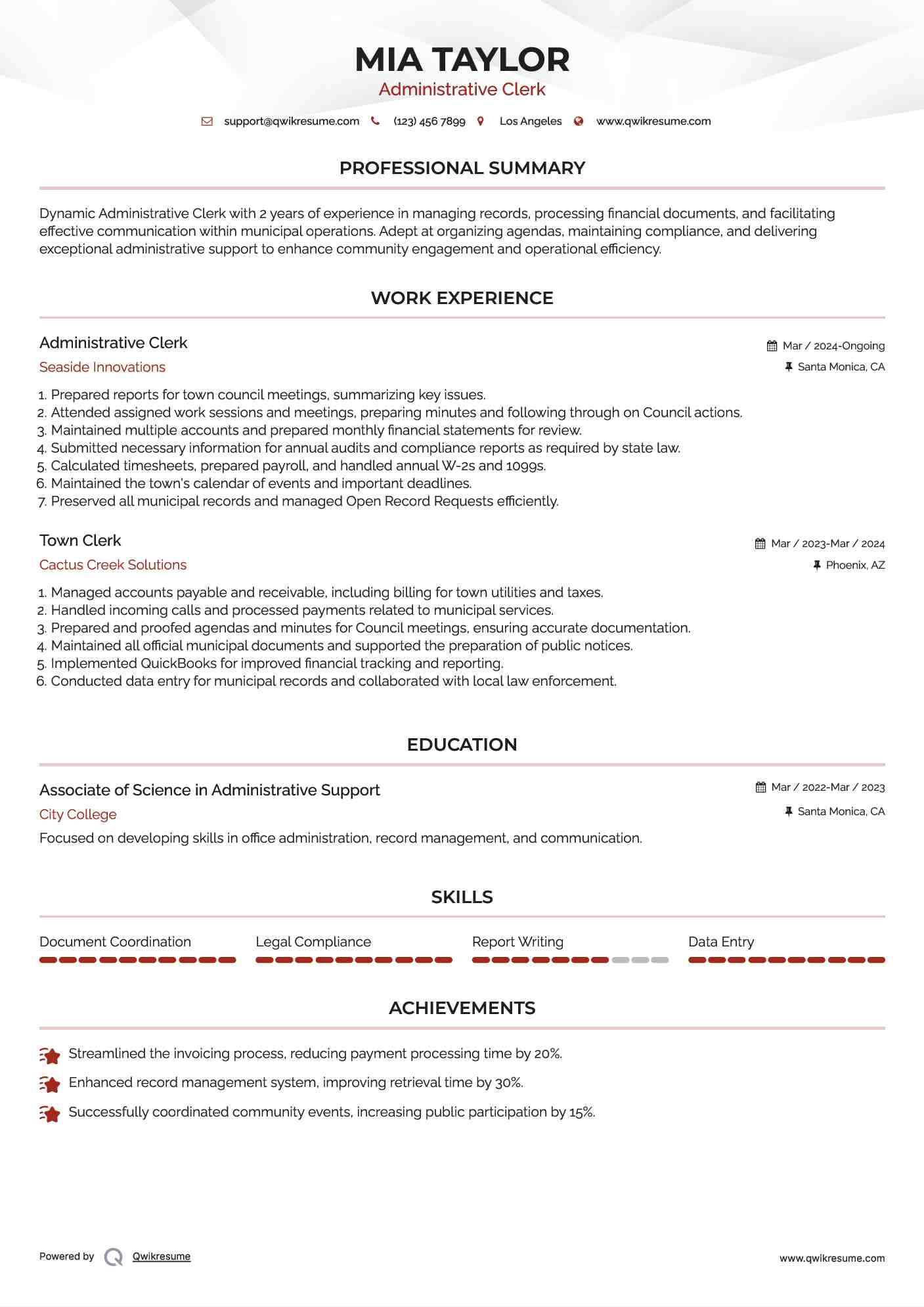 Administrative Clerk Resume Example