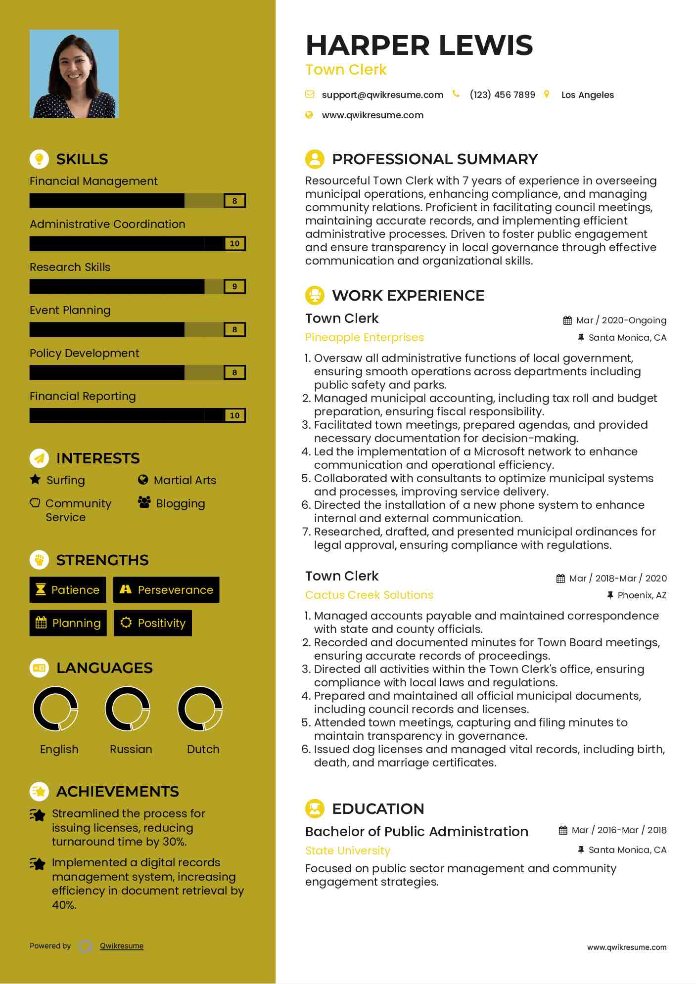 Town Clerk Resume Format