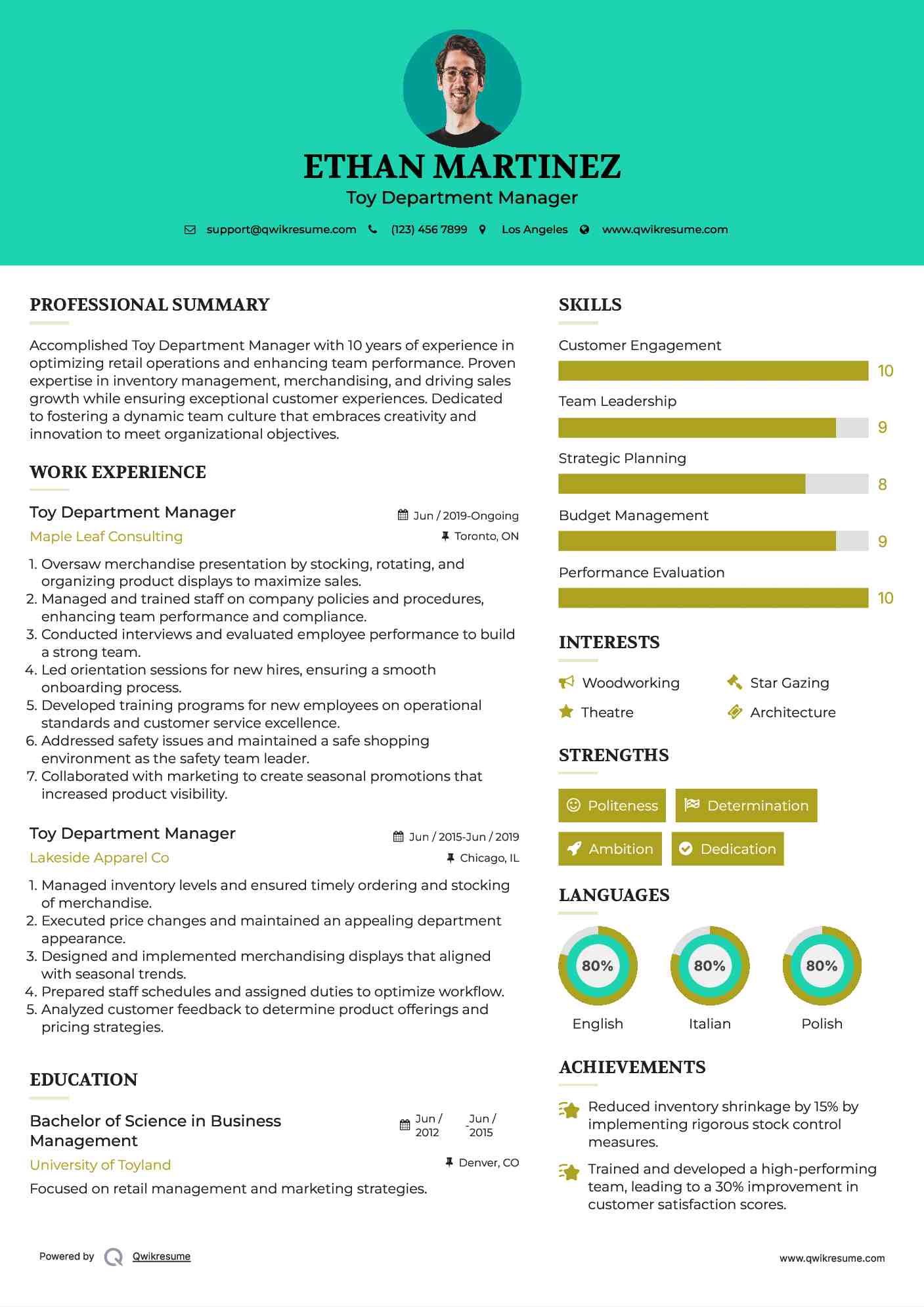 Toy Department Manager Resume Example