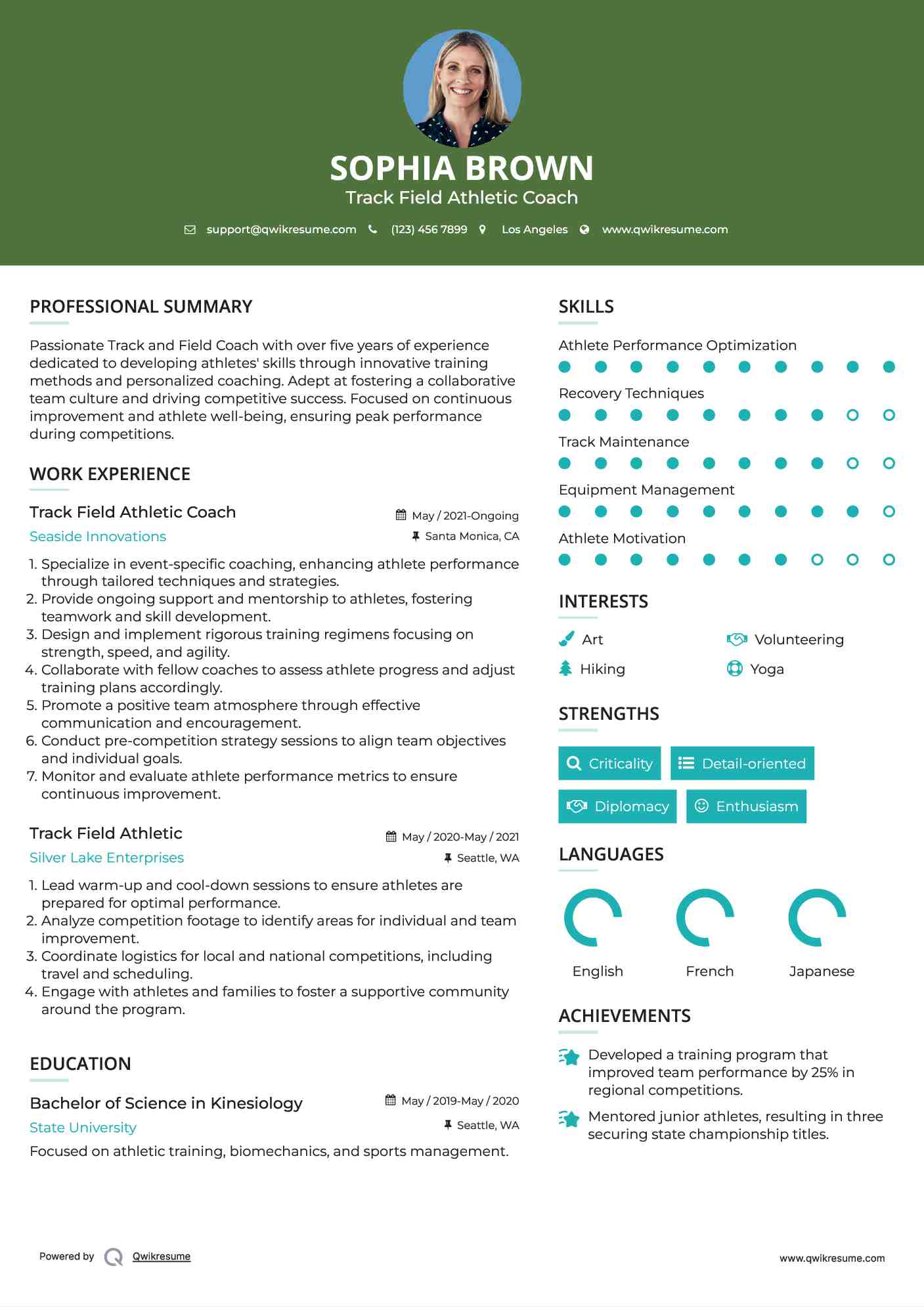 Track Field Athletic Coach Resume Sample