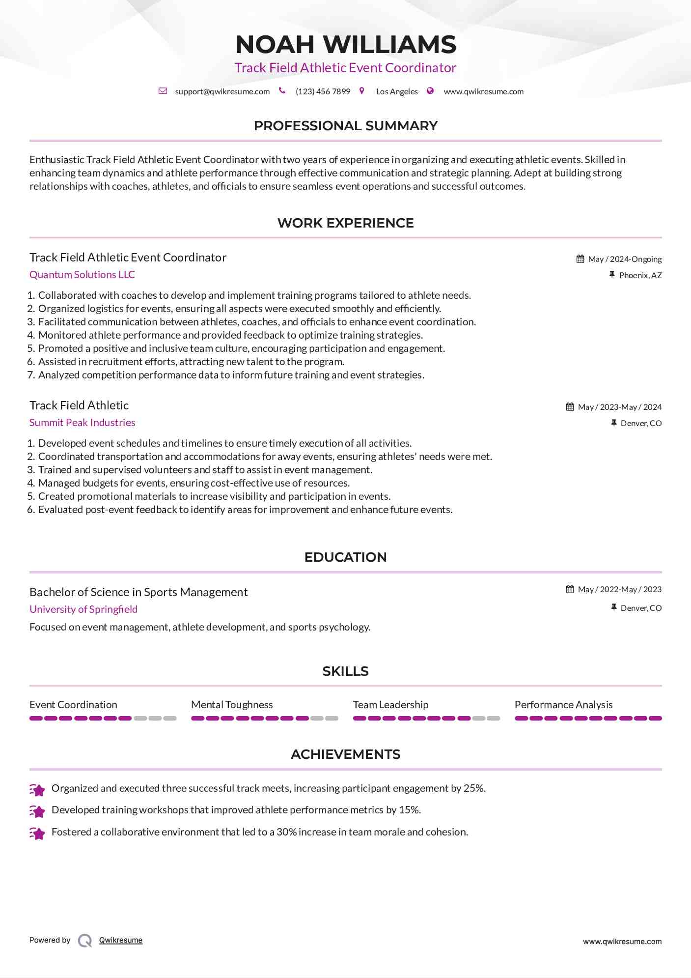 Track Field Athletic Event Coordinator Resume Sample