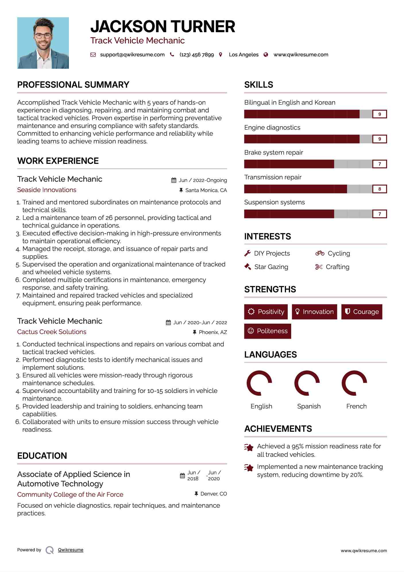 Track Vehicle Mechanic Resume Sample