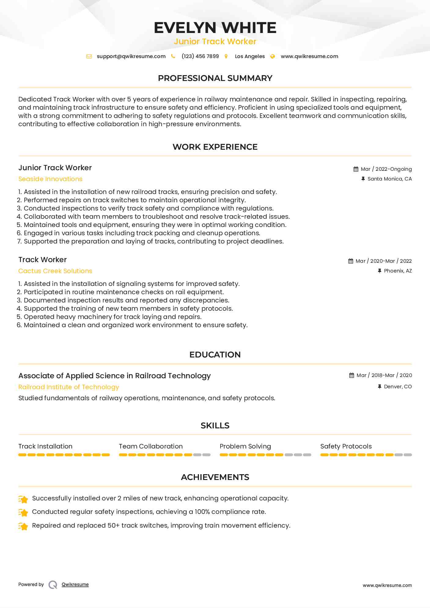 Junior Track Worker Resume Sample