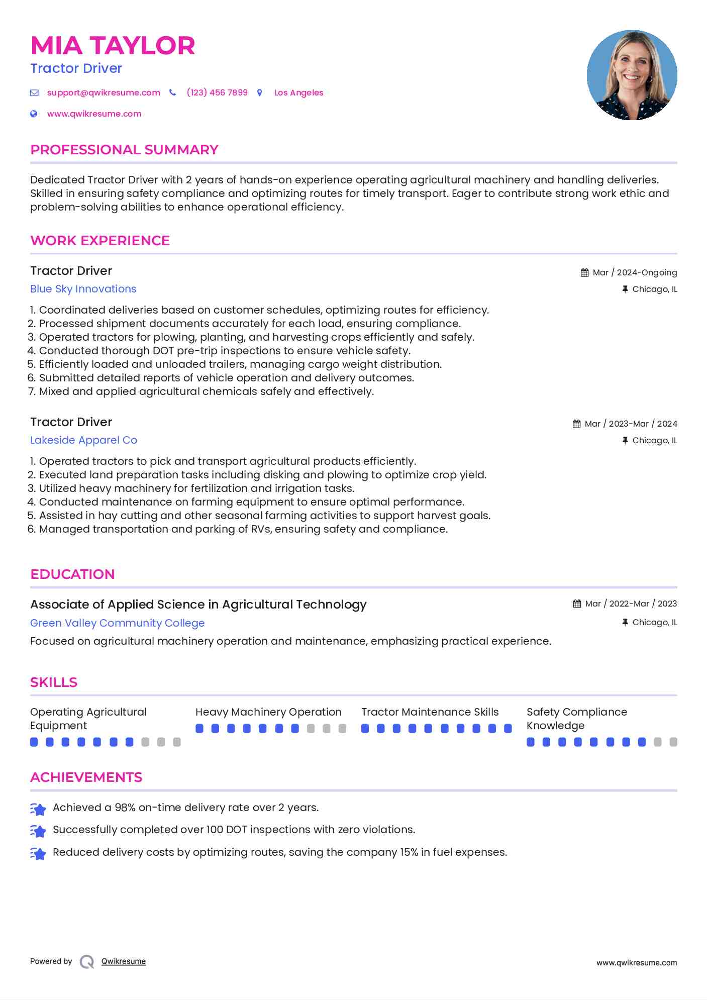 Tractor Driver Resume Example