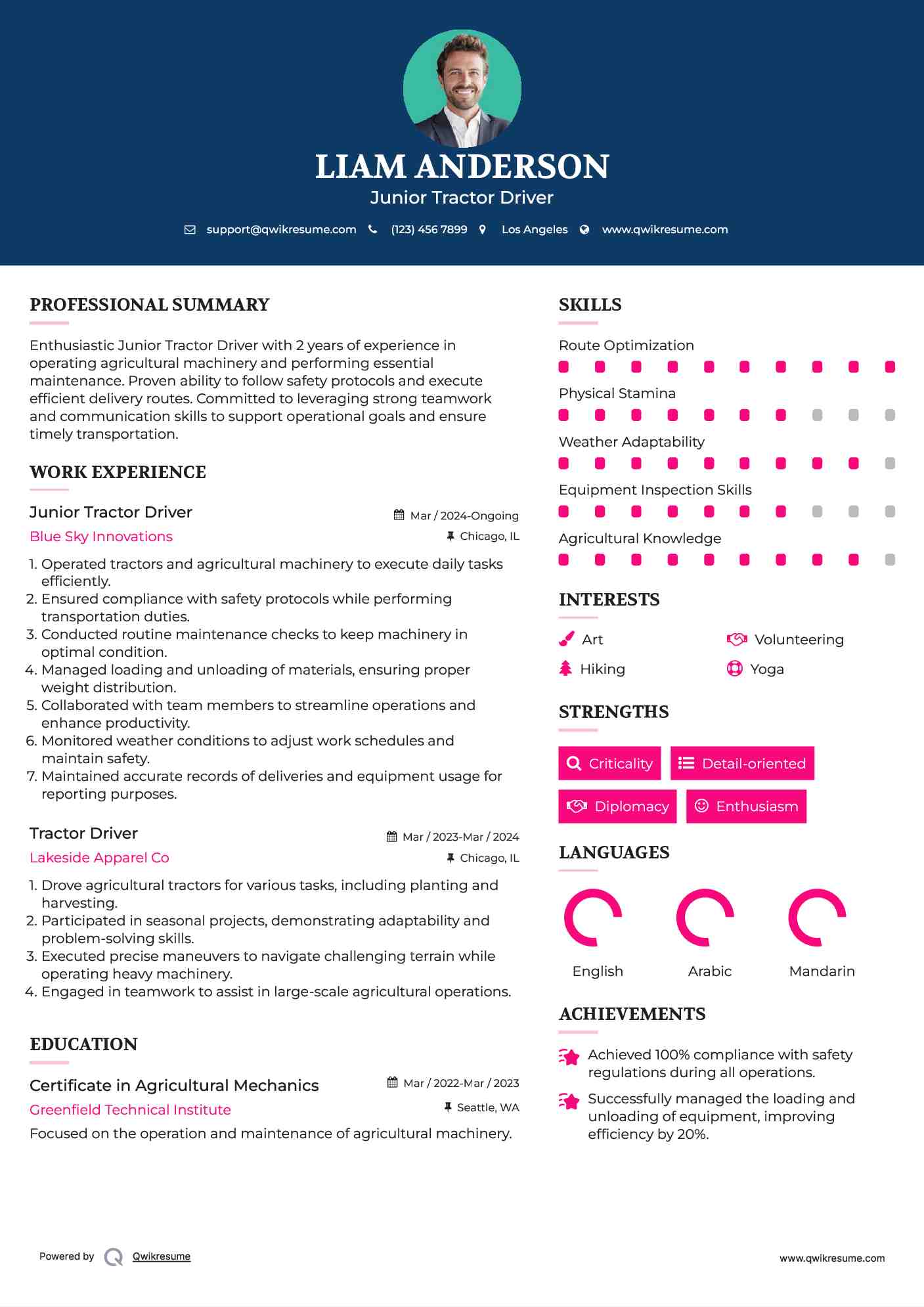 Junior Tractor Driver Resume Example