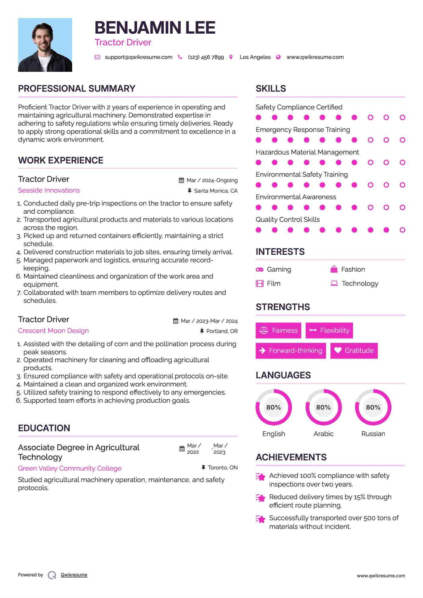 Tractor Driver Resume Example