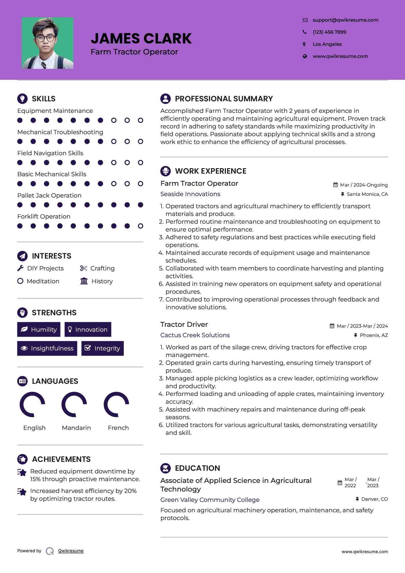Farm Tractor Operator Resume Sample