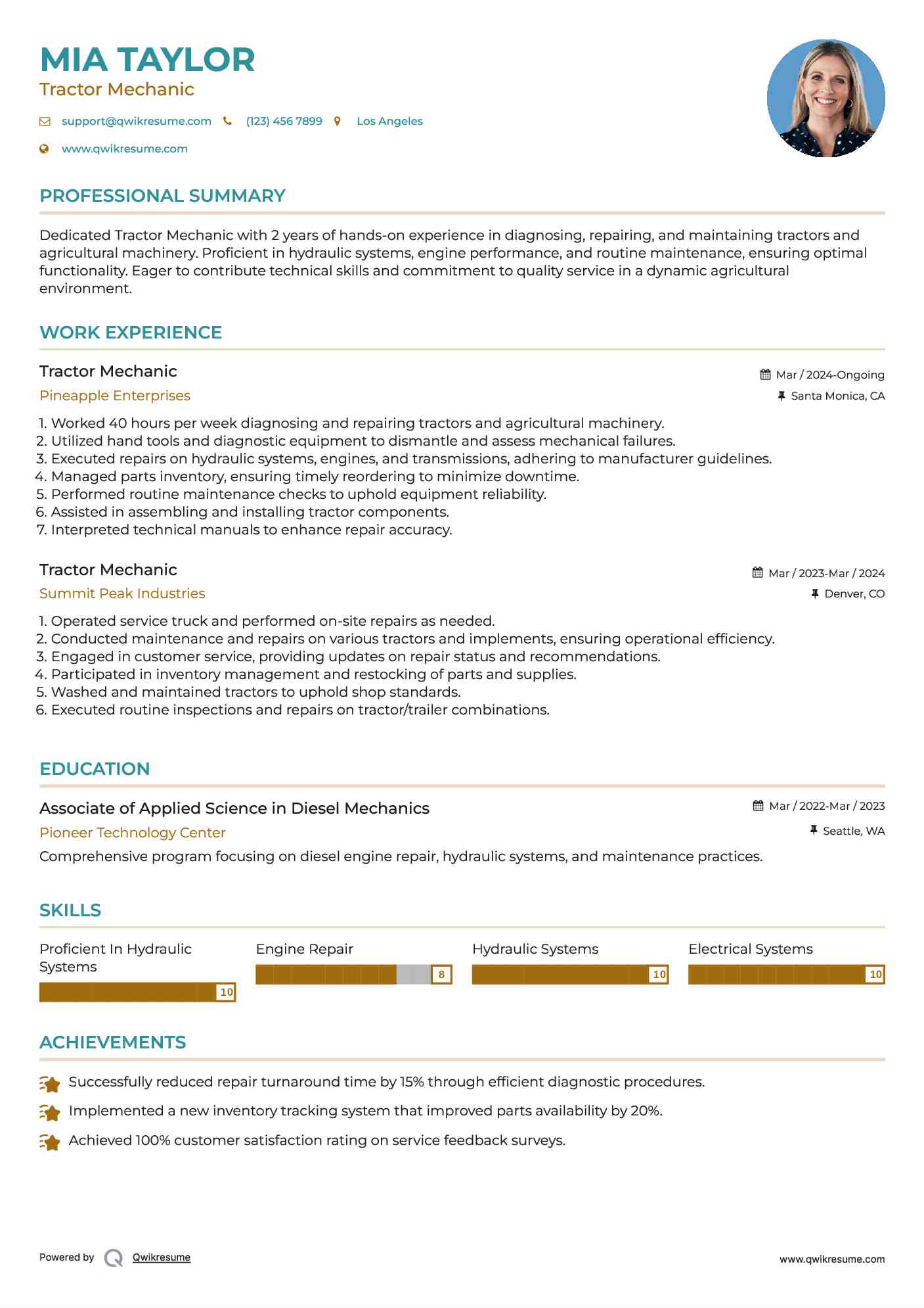 Tractor Mechanic Resume Example