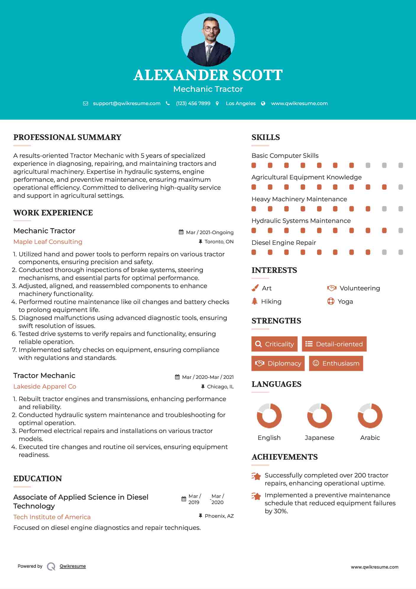 Mechanic Tractor Resume Model
