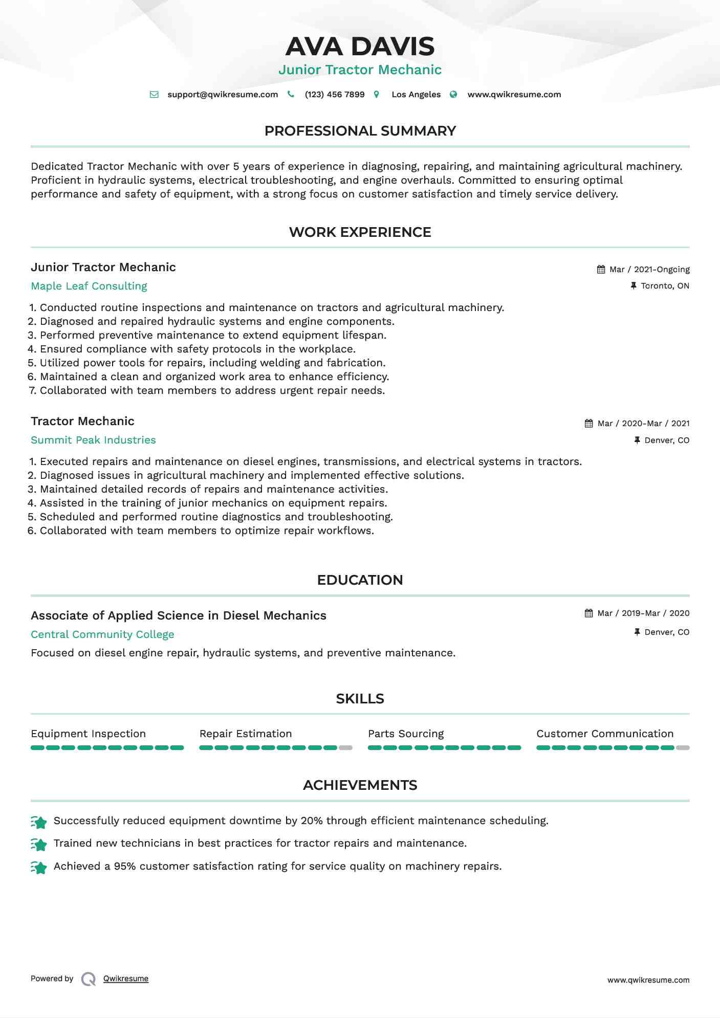 Junior Tractor Mechanic Resume Sample