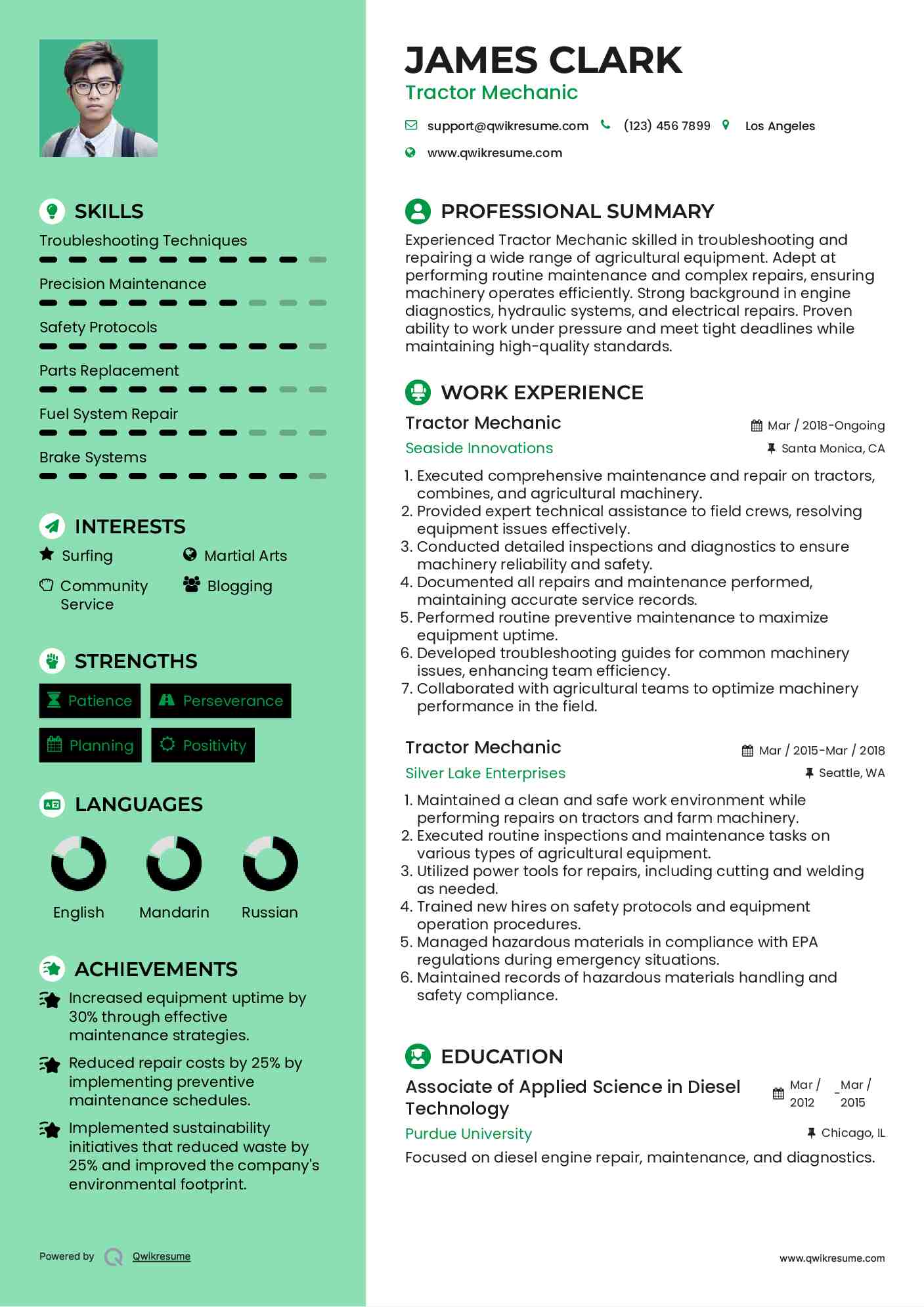 Tractor Mechanic Resume Template