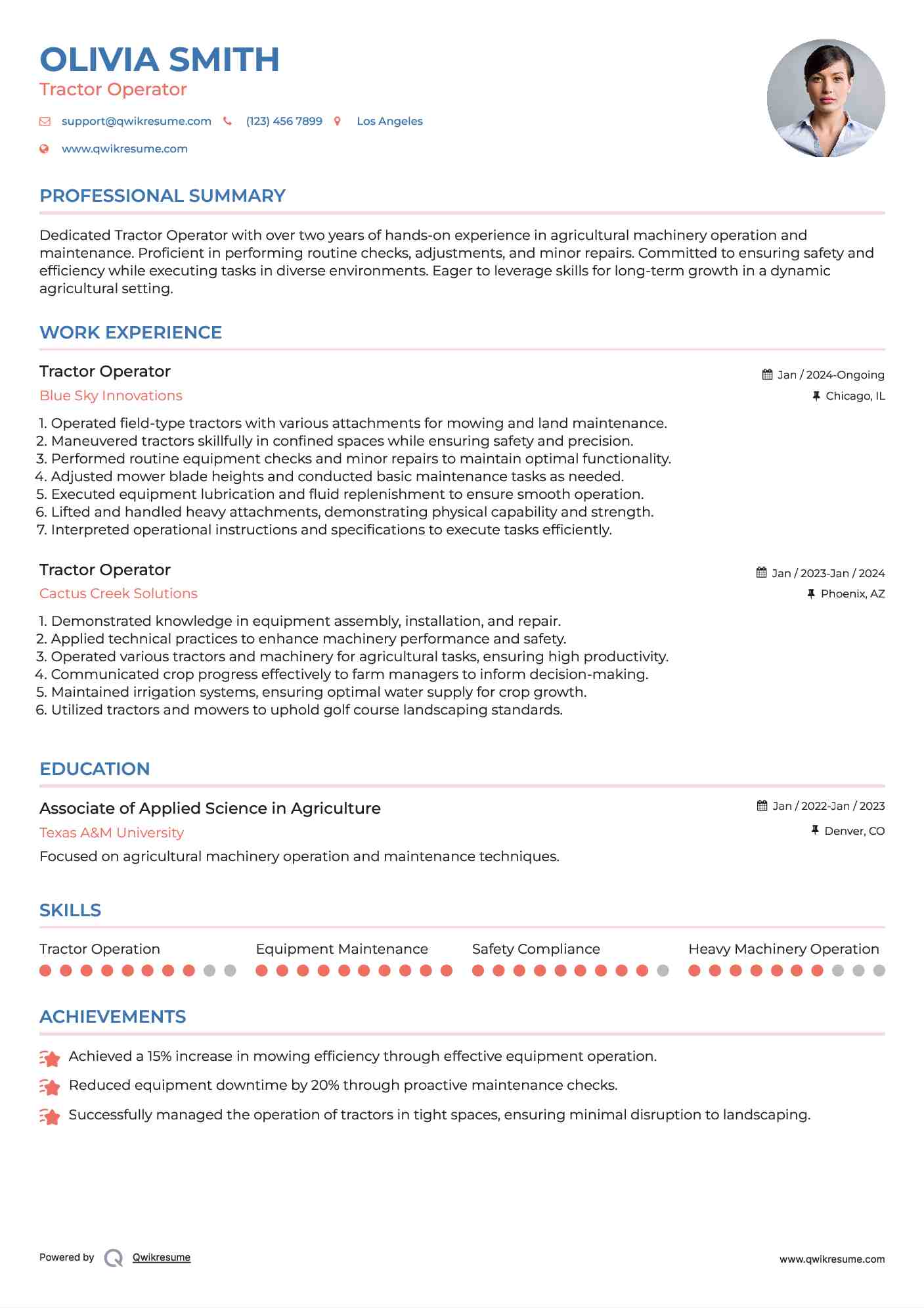 Tractor Operator Resume Example