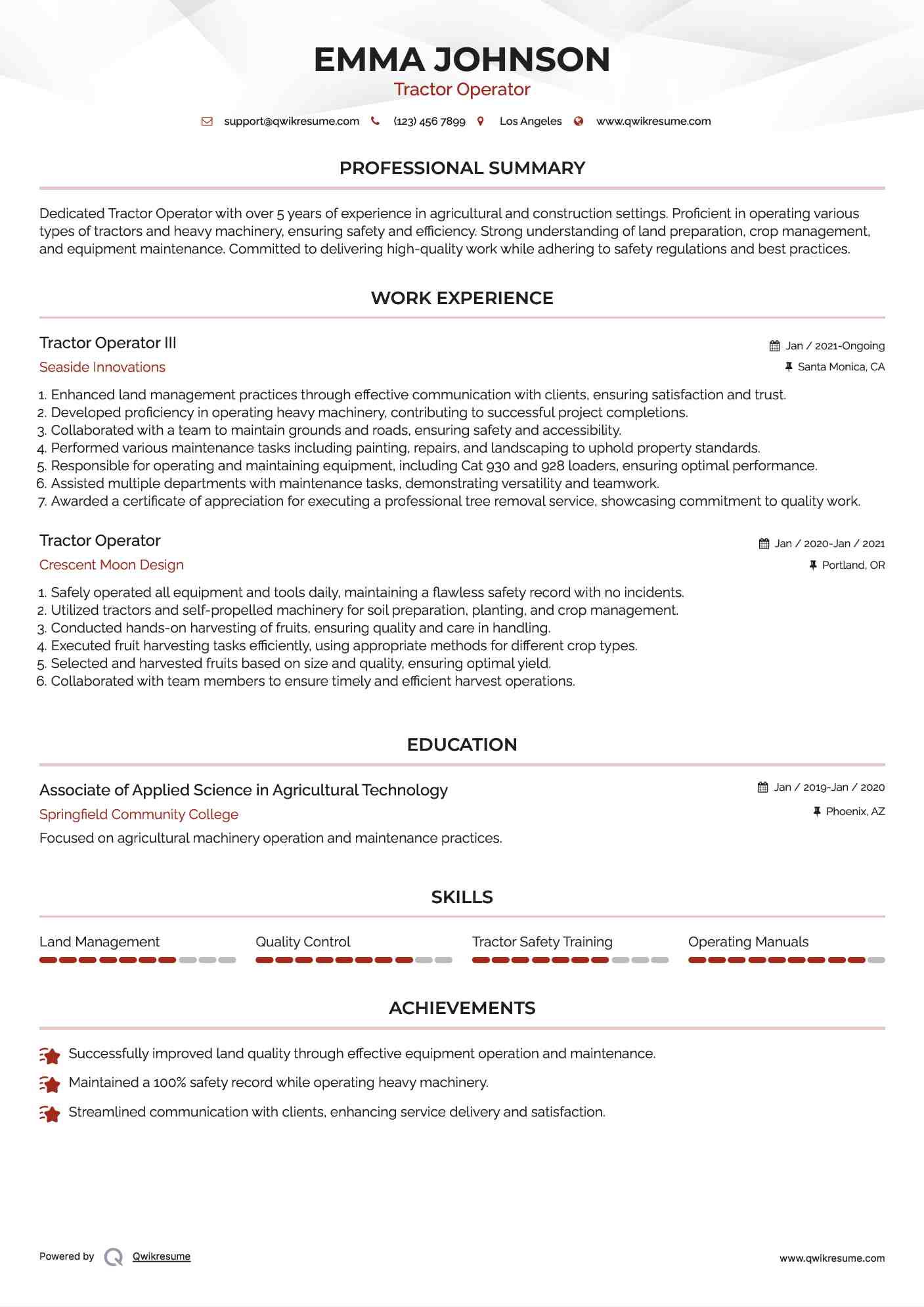 Tractor Operator III Resume Sample