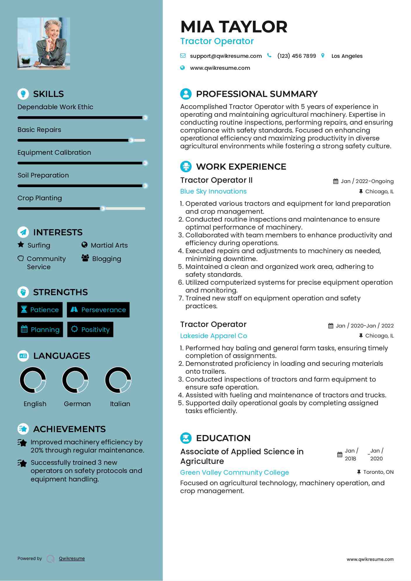 Tractor Operator II Resume Sample