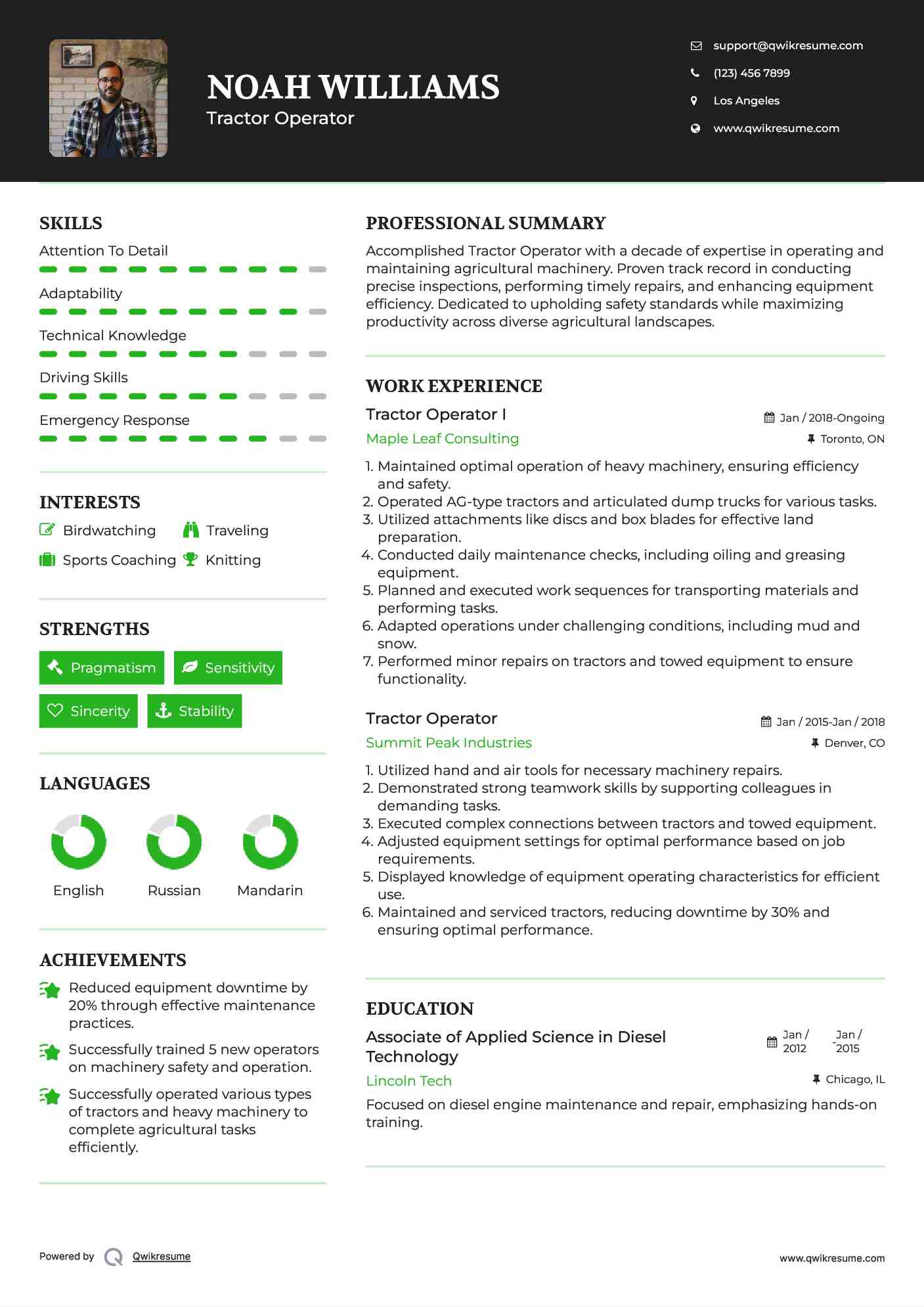 Tractor Operator I Resume Format