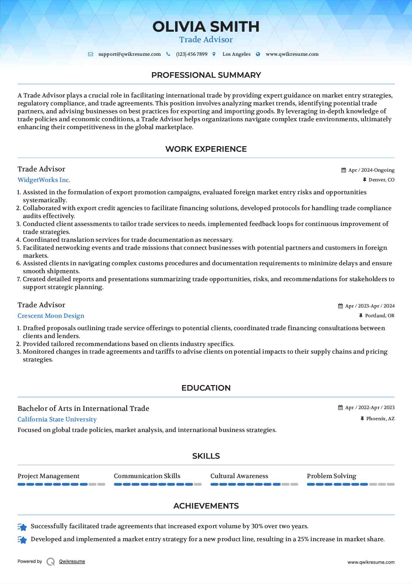 Trade Advisor Resume Format