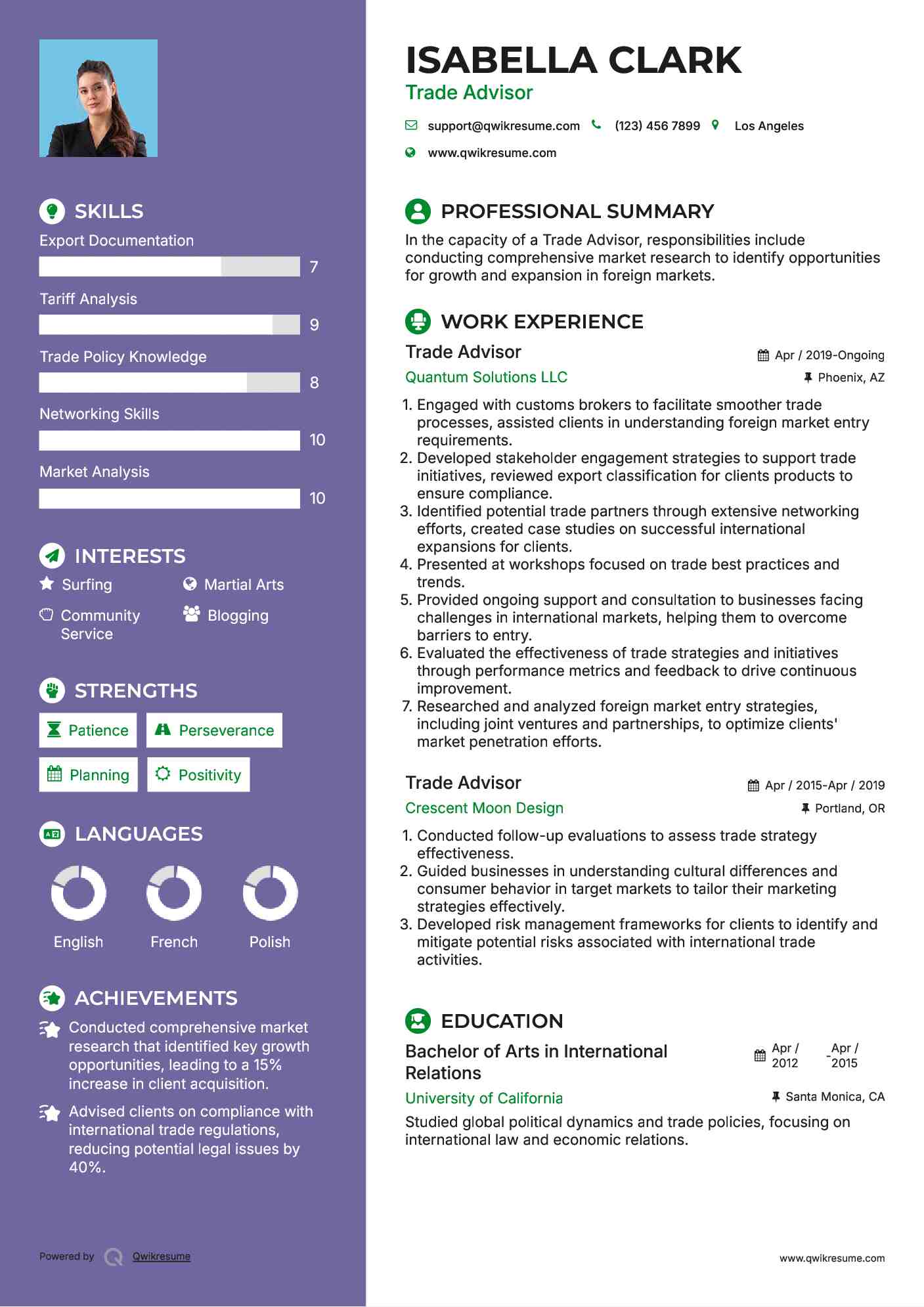 Trade Advisor Resume Example