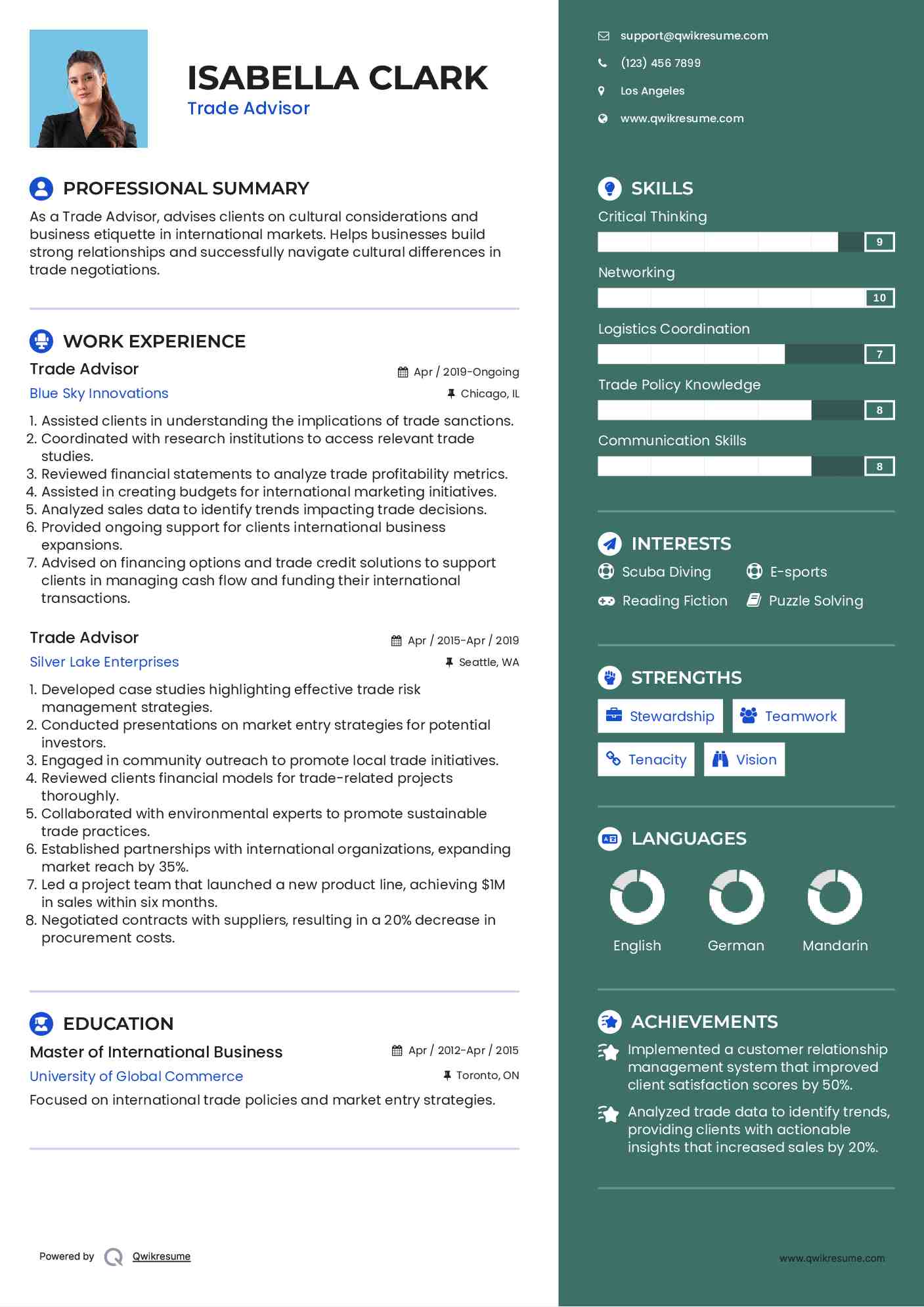 Trade Advisor Resume Model