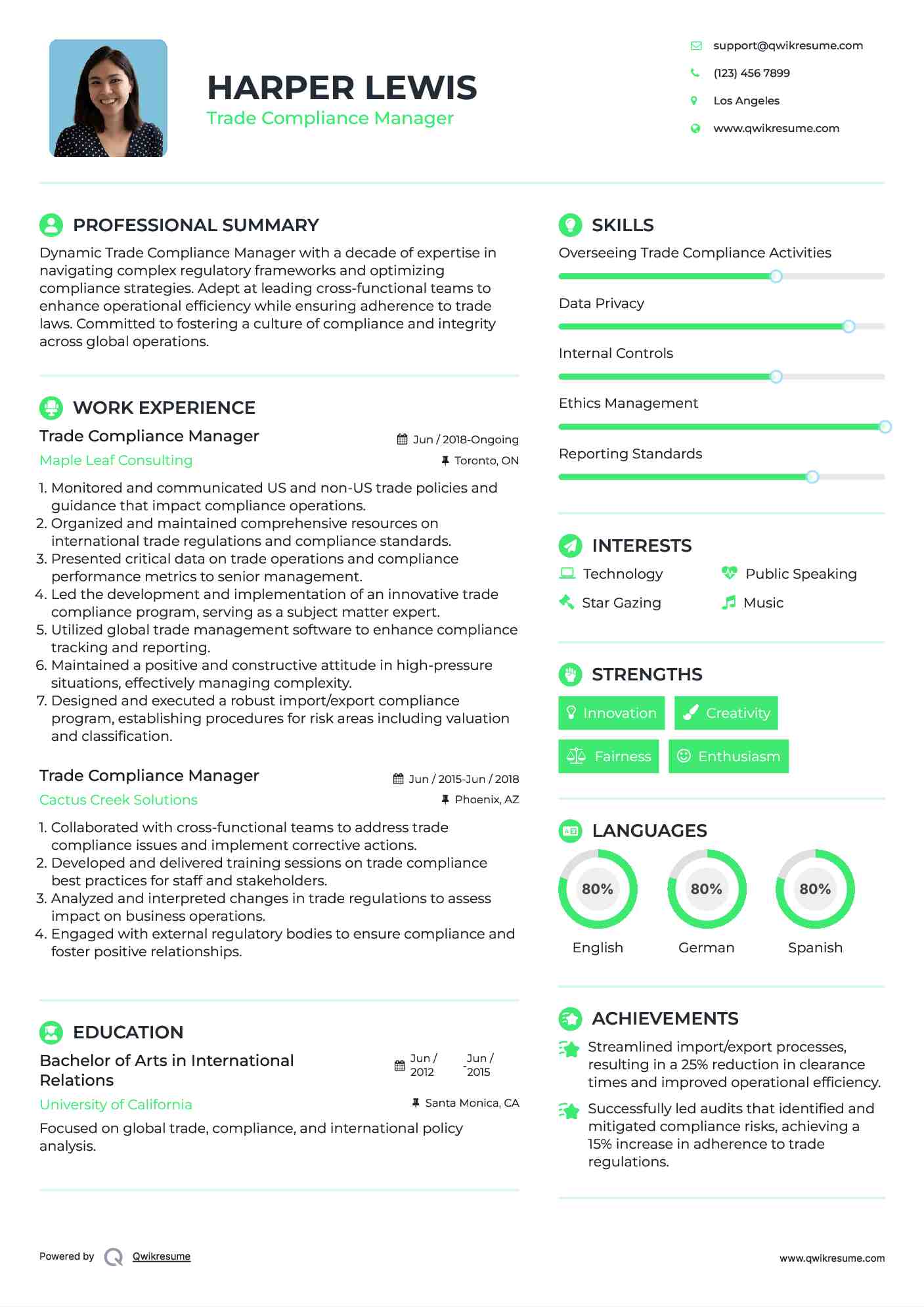 Trade Compliance Manager Resume Template