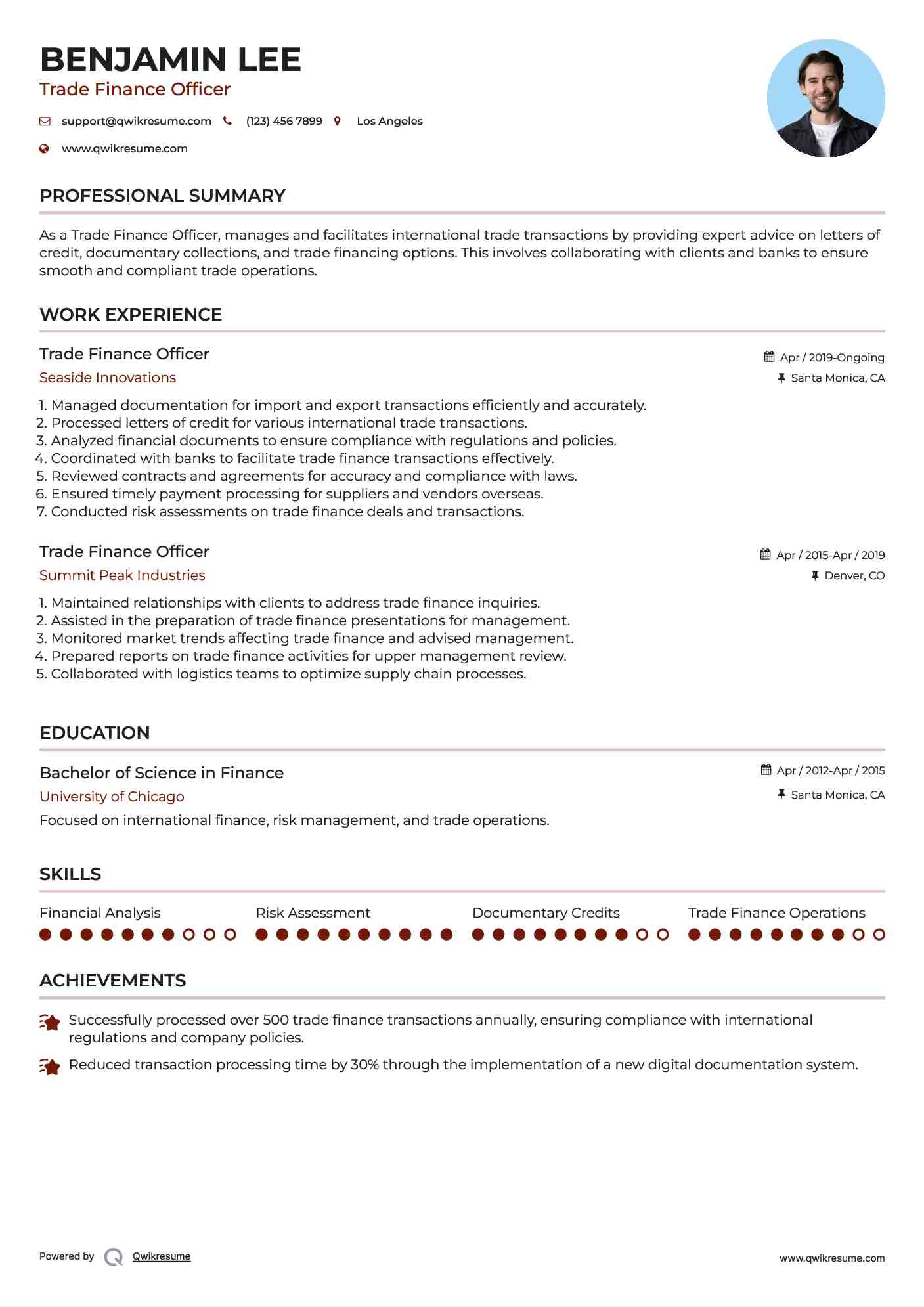 Trade Finance Officer Resume Sample
