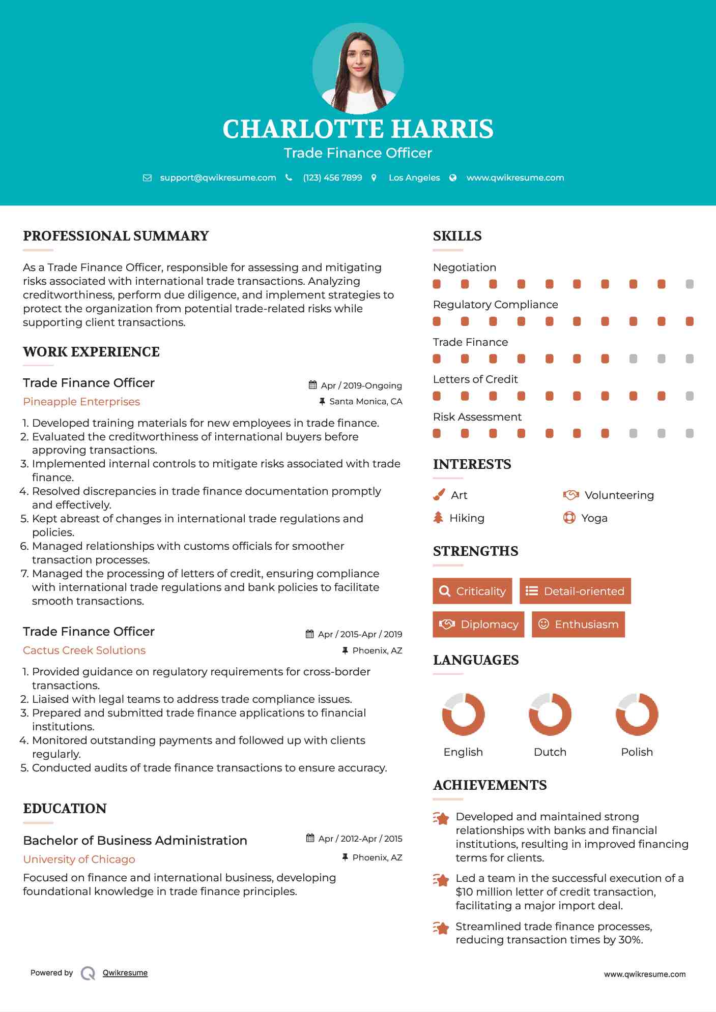 Trade Finance Officer Resume Example