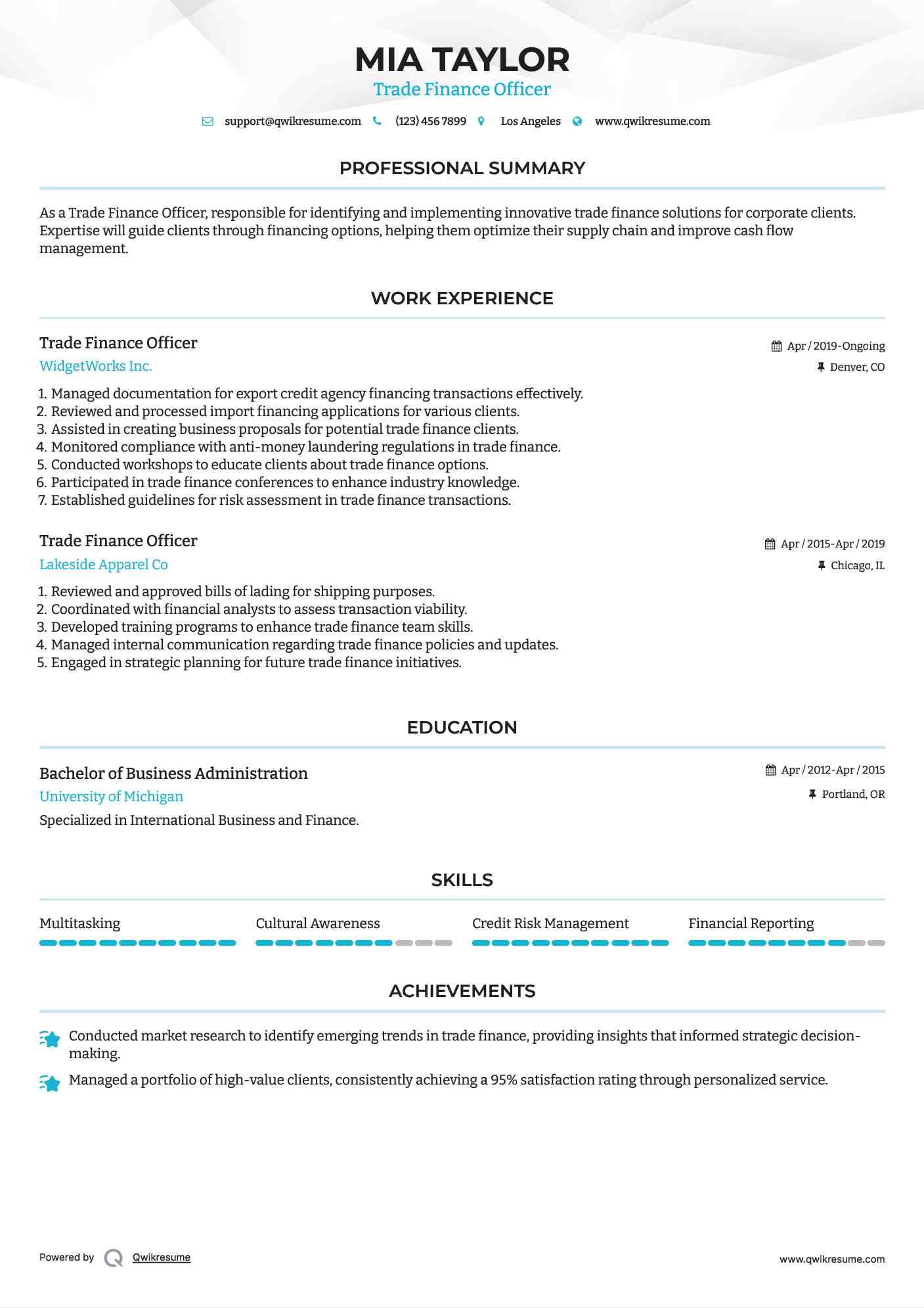 Trade Finance Officer Resume Example