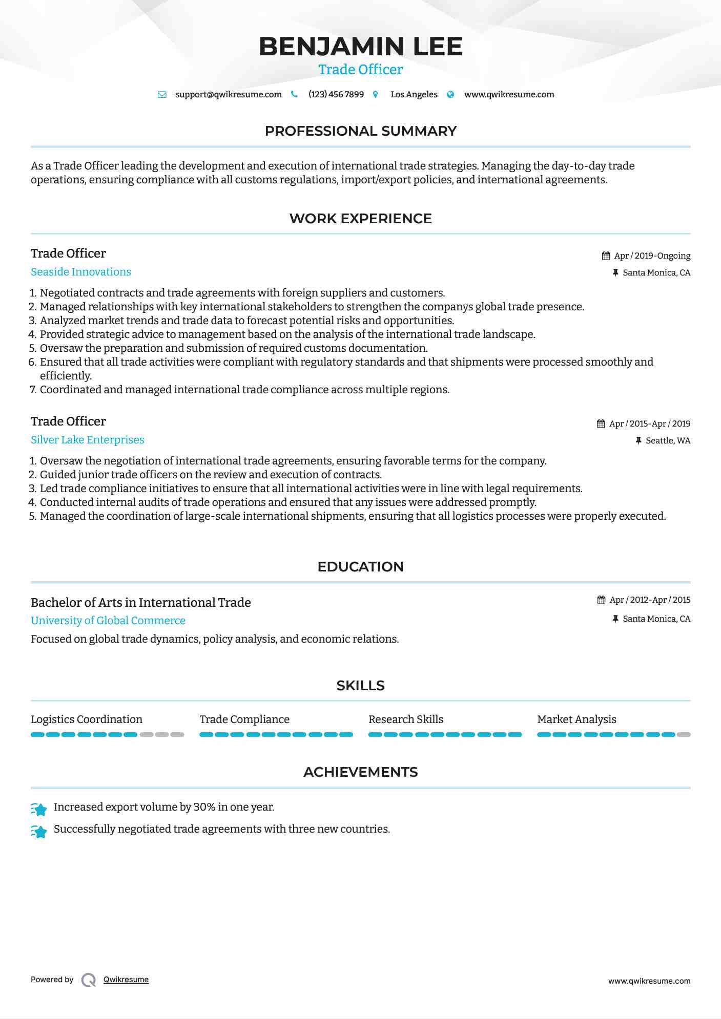 Trade Officer Resume Template